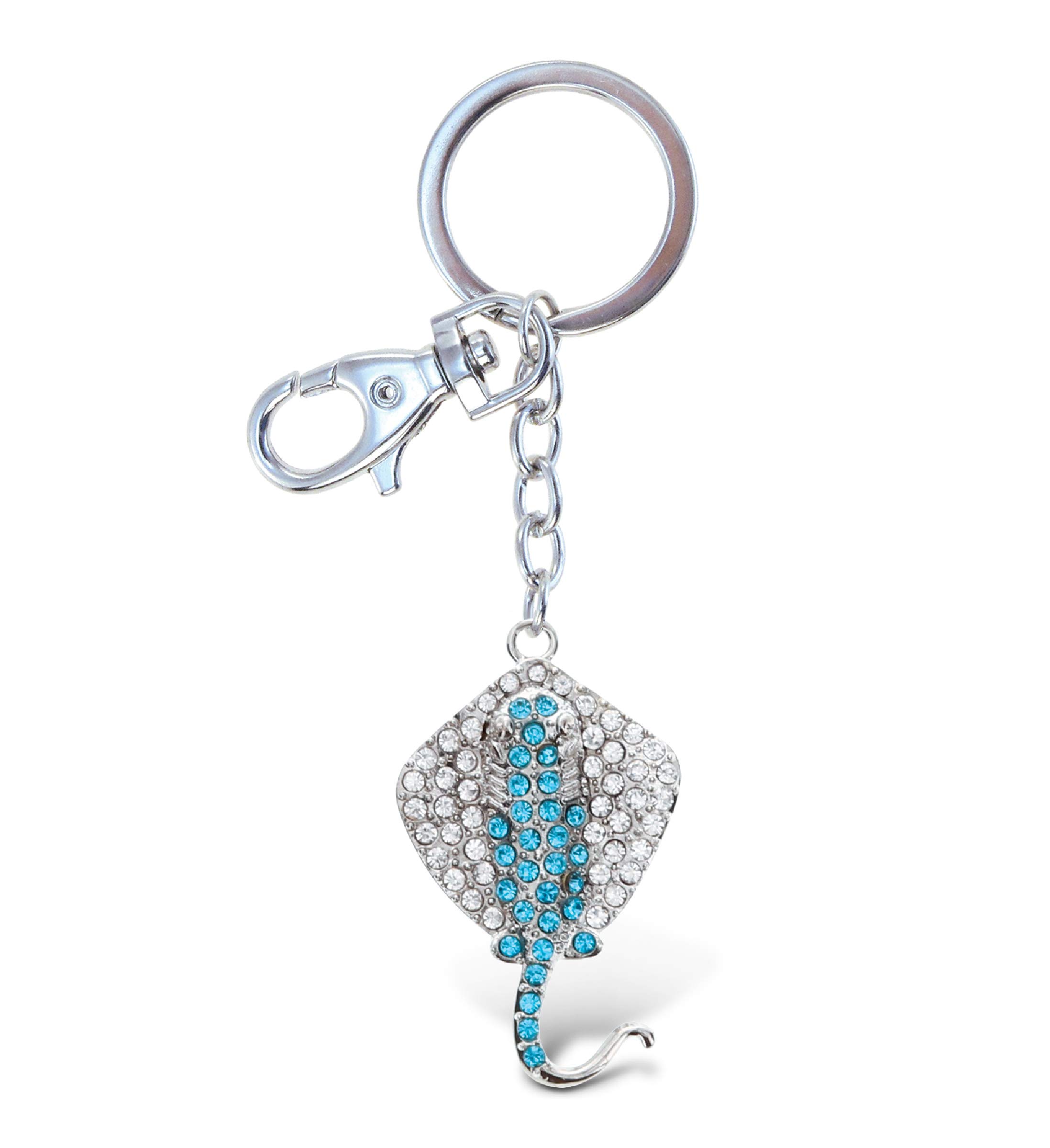 Aqua79 Stingray Keychain - Silver 3D Sparkling Rhinestone Charm, Fashionable Metal Alloy Key Ring with Clasp, Durable Crystal Jewelry Accessory for Women, Gift, Purse, Backpack & Car Keys