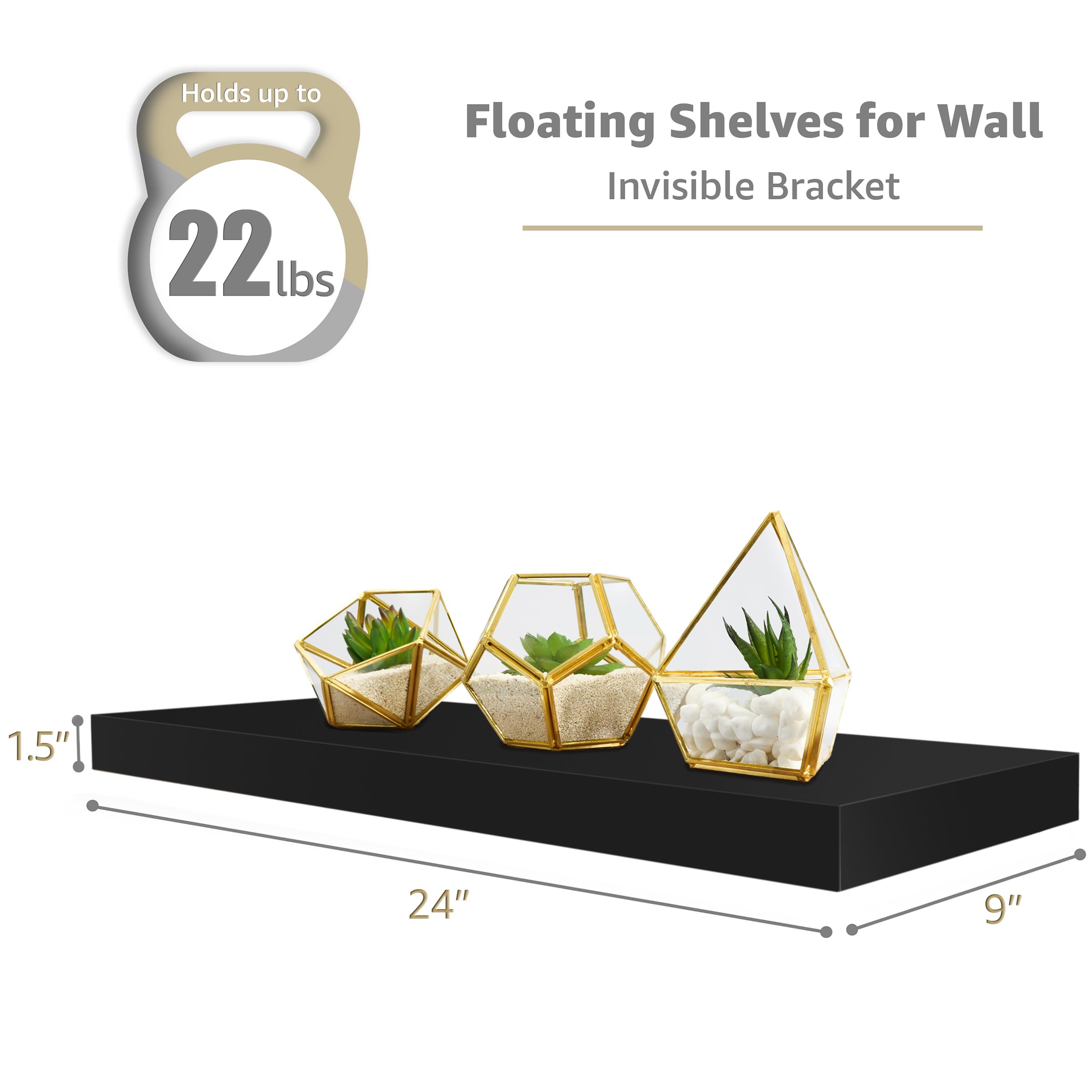 Sorbus 24 Inch Floating Shelves Set of 3 - Black Wall Mounted Shelves for Home Decor, Books & Storage - Invisible Bracket Design for Bedroom, Kitchen, Bathroom & Office Organization
