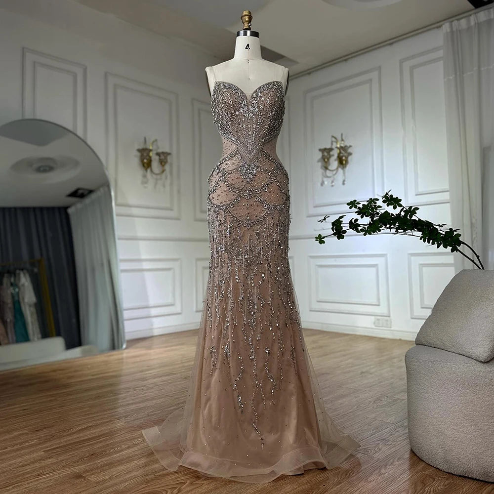 Luxury Dubai Nude Cape Sleeves Beaded Crystal Arabic Evening Dresses Gowns For Women Wedding Party LA72806 - Elegant Formal Gown for Bridal Shower, Red Carpet Events & Special Occasions