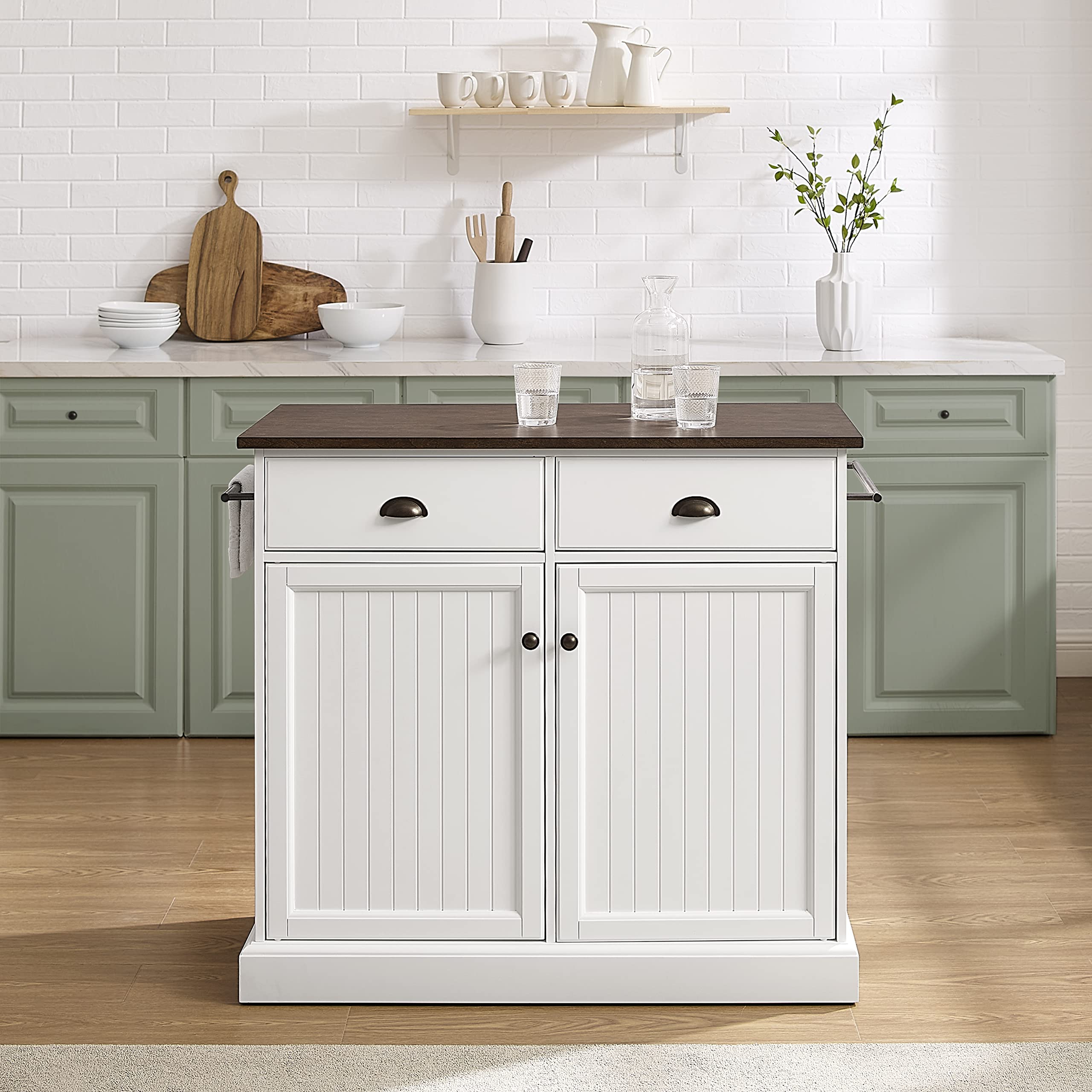 Crosley Shoreline White Kitchen Island with Shelves & Drawers - Microwave Stand, Coffee Bar Station for Small Spaces - Perfect for Apartments, Condos & Compact Kitchens