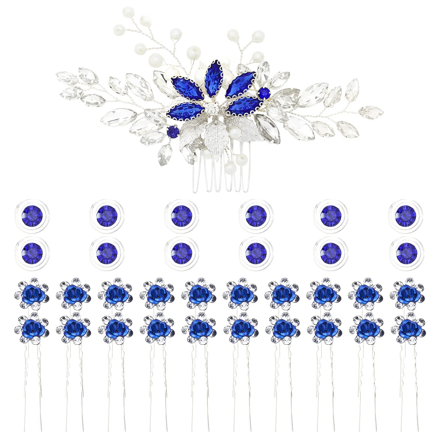 33 Pack Royal Blue Rhinestone Pearl Crystal Flower Bridal Hair Combs, Spiral Clips & U-Pins - Wedding Hair Accessories for Women, Brides & Bridesmaids - Perfect for Bridal Showers, Weddings & Special Occasions