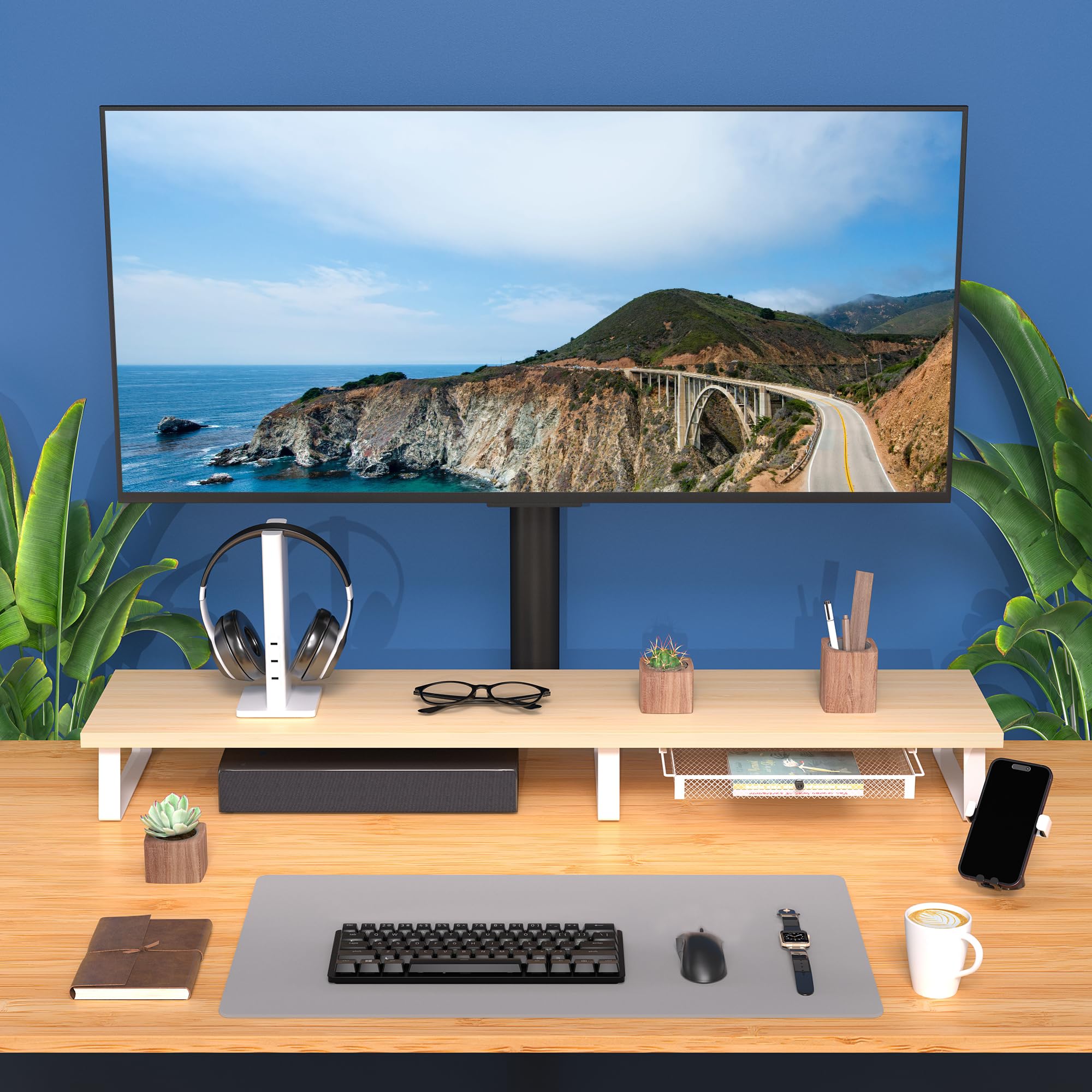 Aothia Large Dual Monitor Stand Riser - Solid Wood Desk Shelf with Metal Legs, Desk Organizer with Drawer & Storage for PC, Printer, TV, Laptop | Perfect for Home Office, Gaming Setup & Workspace Organization (Oak)