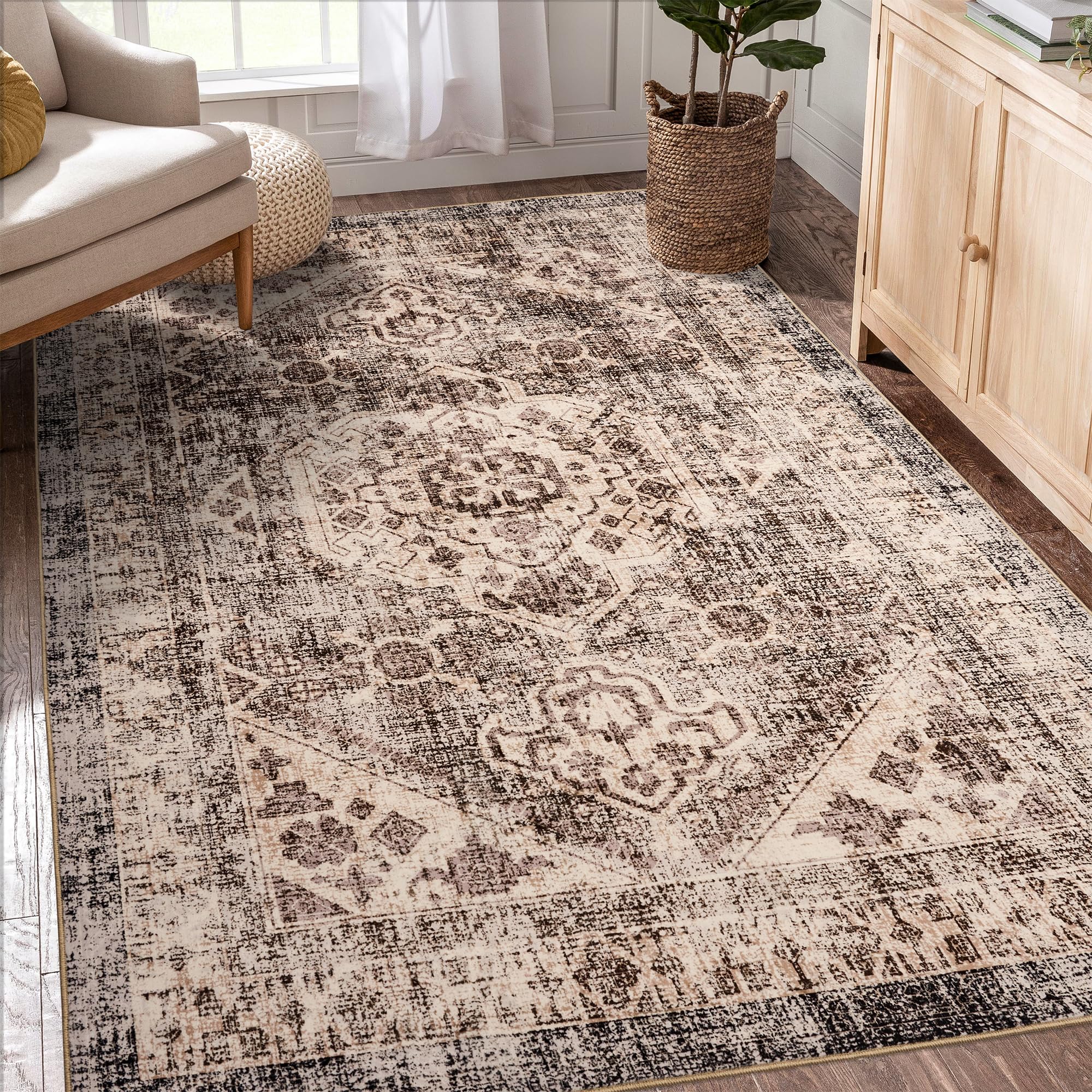 5x7 Washable Area Rug - Upgraded Denser Vintage Design with Honeycomb Non-Slip Backing - Easy Care Foldable Rug for Living Room, Bedroom, Kitchen, Dining Room & Home Office - Perfect for High Traffic Areas & Pet-Friendly Homes
