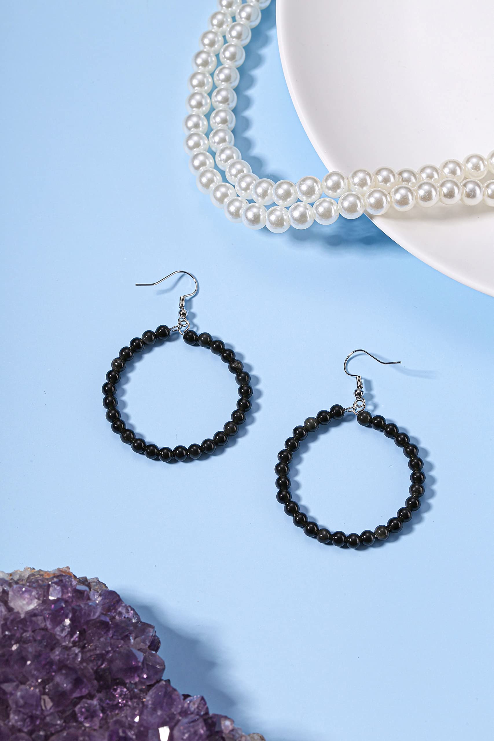 Jovivi Amethyst Rose Quartz Healing Crystal Earrings - Real Natural Stone Gemstone Hoop Dangle Earrings for Women | Reiki Jewelry, Chakra Balancing, Meditation & Spiritual Healing Accessories