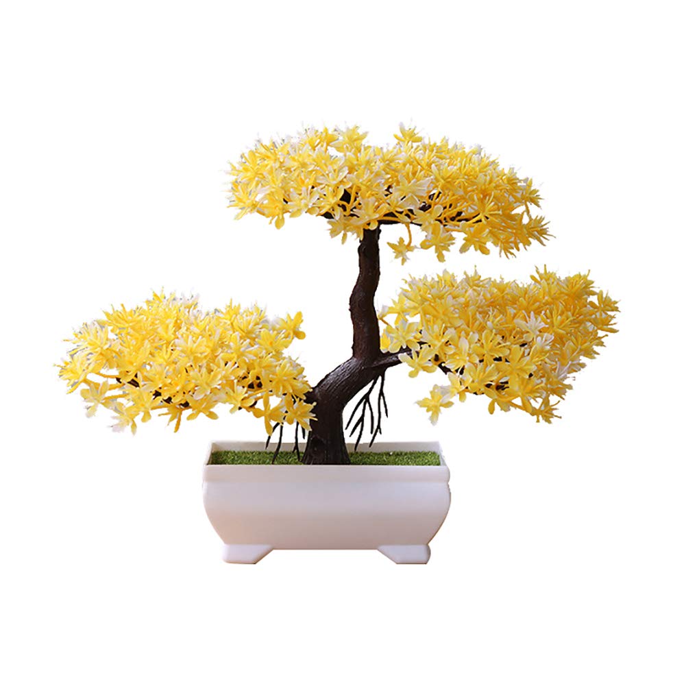 Artificial Pine Bonsai Tree - Realistic Fake Potted Plant for Home Office Garden Wedding Decor - Yellow Indoor Outdoor Decoration for Living Room Terrace & Party