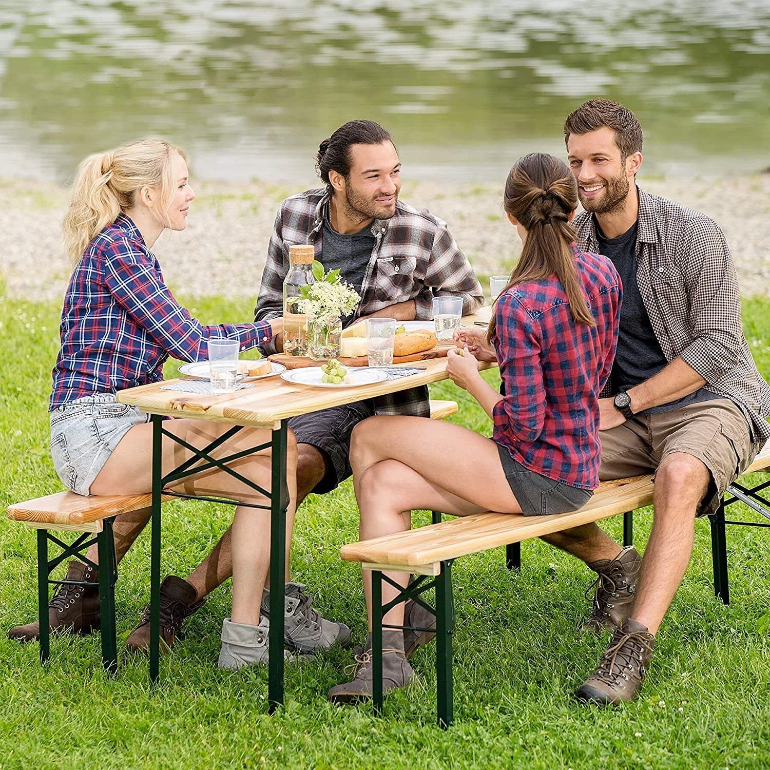 Renatone 70-Inch 3-Piece Folding Picnic Table Set with Wooden Top - Portable Beer Table for Patio, Backyard, Garden & Outdoor Gatherings - No Assembly Required - Perfect for BBQs, Camping & Tailgating