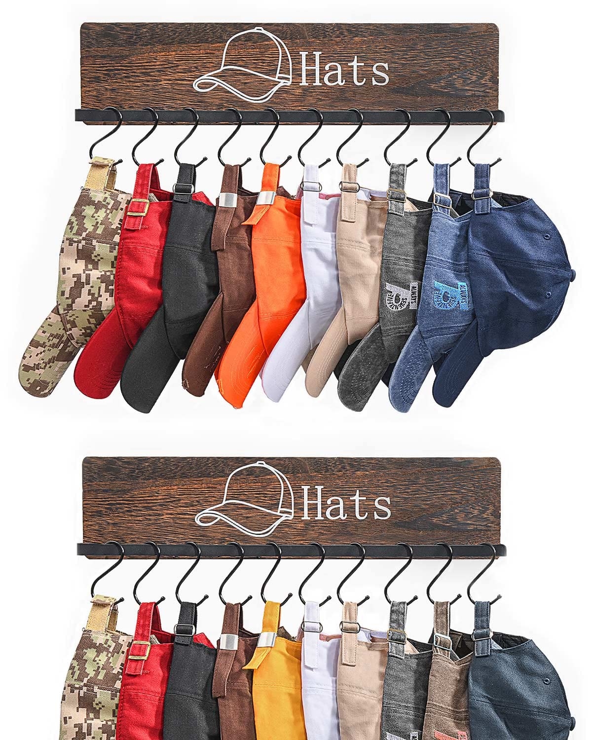 FANGSUN Wooden Wall Mounted Hat Rack with 20 Hooks - Rustic Metal Baseball Cap Organizer & Display for Closet, Bedroom, Entryway - Set of 2 - Perfect for Organizing Caps, Hats, and Accessories in Small Spaces