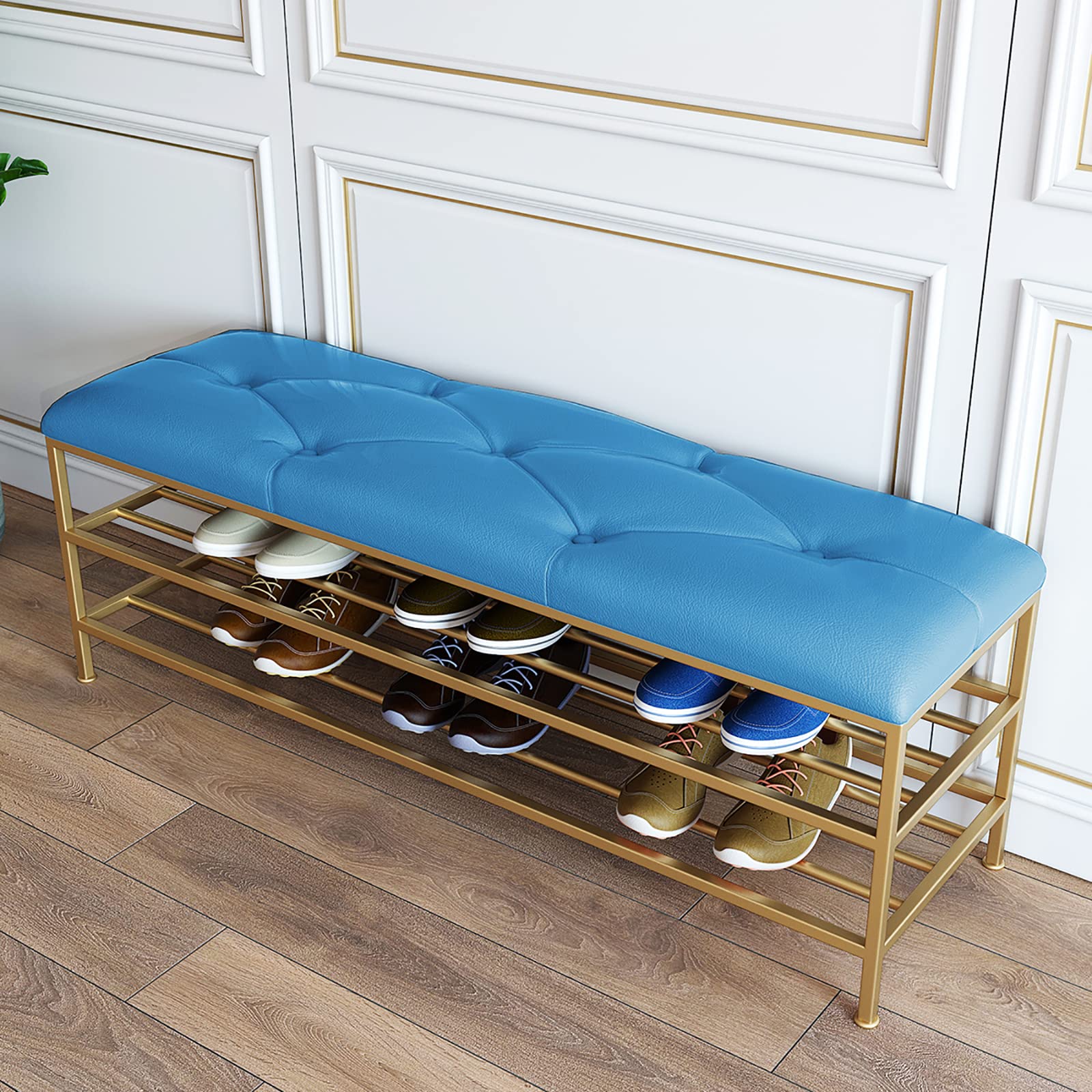 Modern Shoe Bench Organizer - Faux Leather Entryway Bench with Golden Shoe Shelf, Shoe Storage Rack (100x35x45cm/39x14x18inch) - Perfect for Small Spaces, Hallway, Bedroom & Closet Organization - Blue