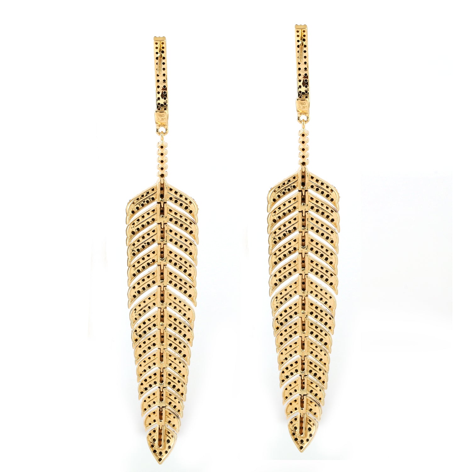 18K Yellow Gold Black Diamond Pave Feather Design Dangle Earrings - Elegant Statement Jewelry for Parties, Weddings & Special Occasions