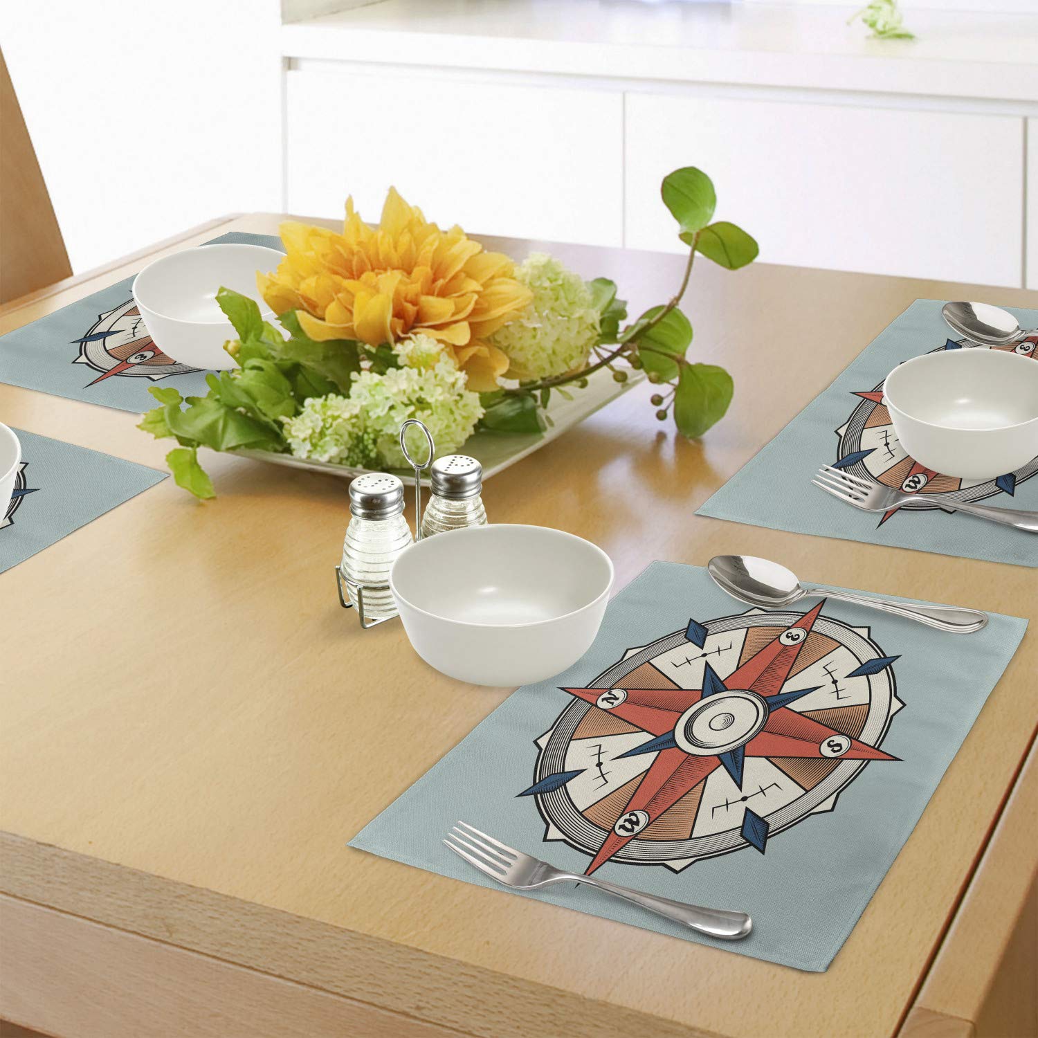 Ambesonne Compass Place Mats Set of 4 - Washable Fabric Placemats with Compass Illustration for Dining Room, Kitchen Table Decor in Turquoise, Pale Orange & Blue - Perfect for Travel-Themed Dinners, Outdoor Picnics and Nautical Home Decor