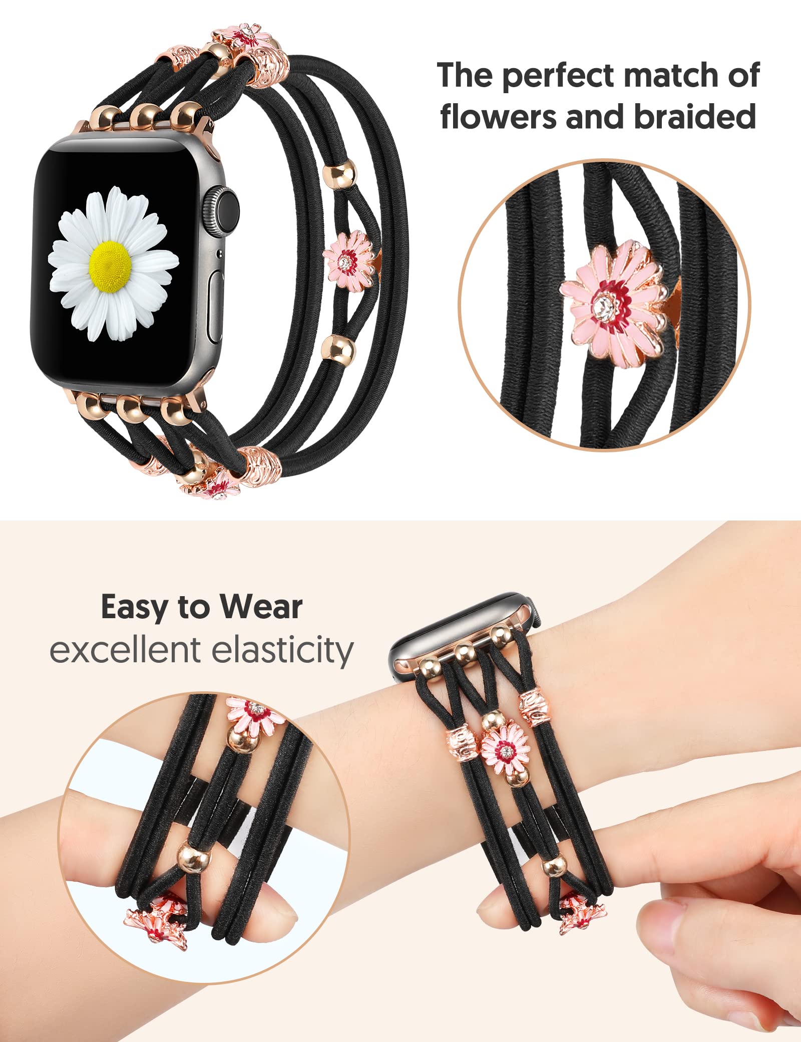 Floral Apple Watch Band for Women - Boho Beaded Braided Elastic Strap Compatible with iWatch Series 10/9/8/7/6/SE/5/4/3/2/1 & 42/41/40/38mm - Perfect for Casual Wear, Office & Boho Fashion Accessories