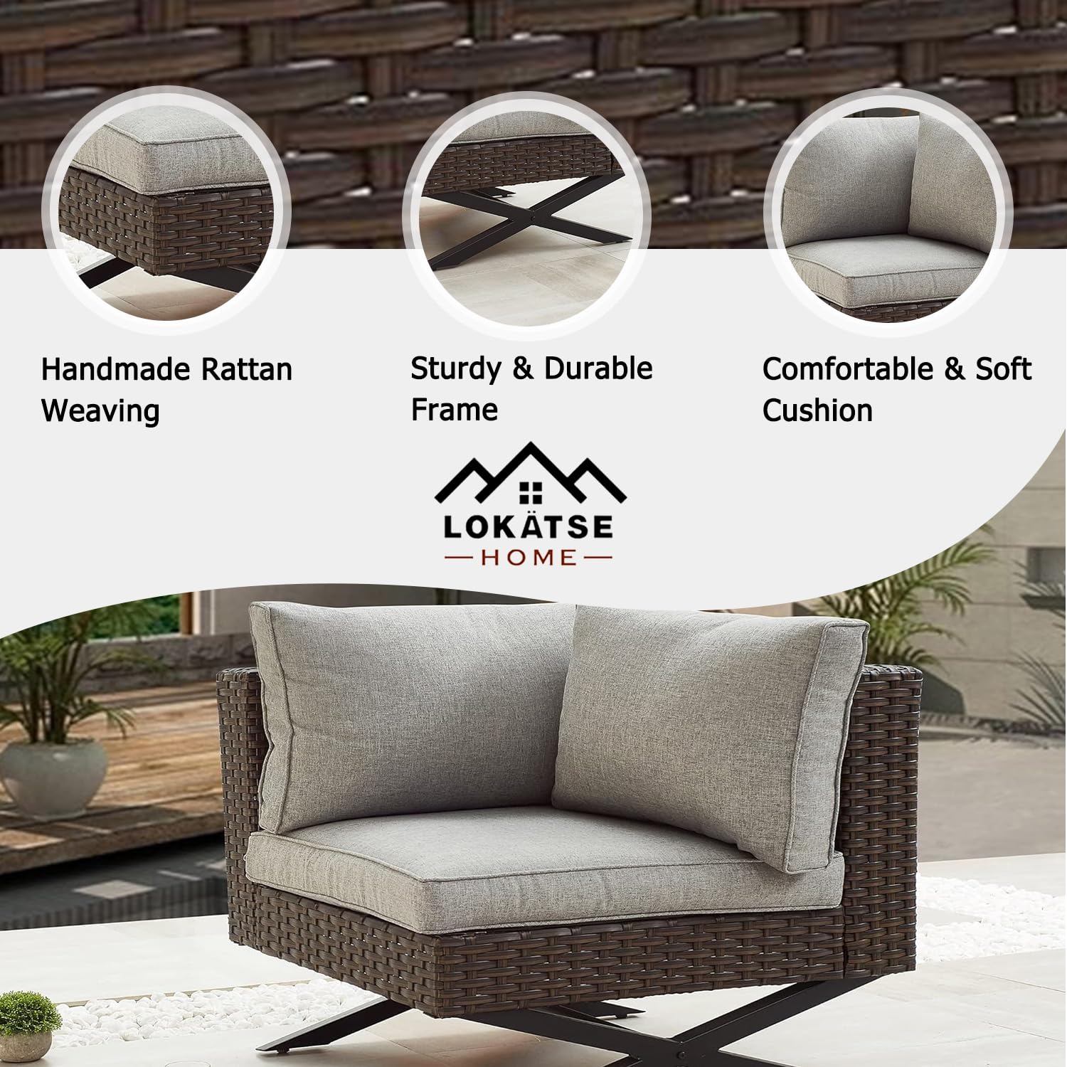 LOKATSE HOME Rattan Corner Sofa with X-Shape Legs & Cushions - Outdoor Patio Furniture, Right-Arm Lounge Chair for Garden, Poolside, Backyard - Brown Wicker Seating for Relaxing & Entertaining