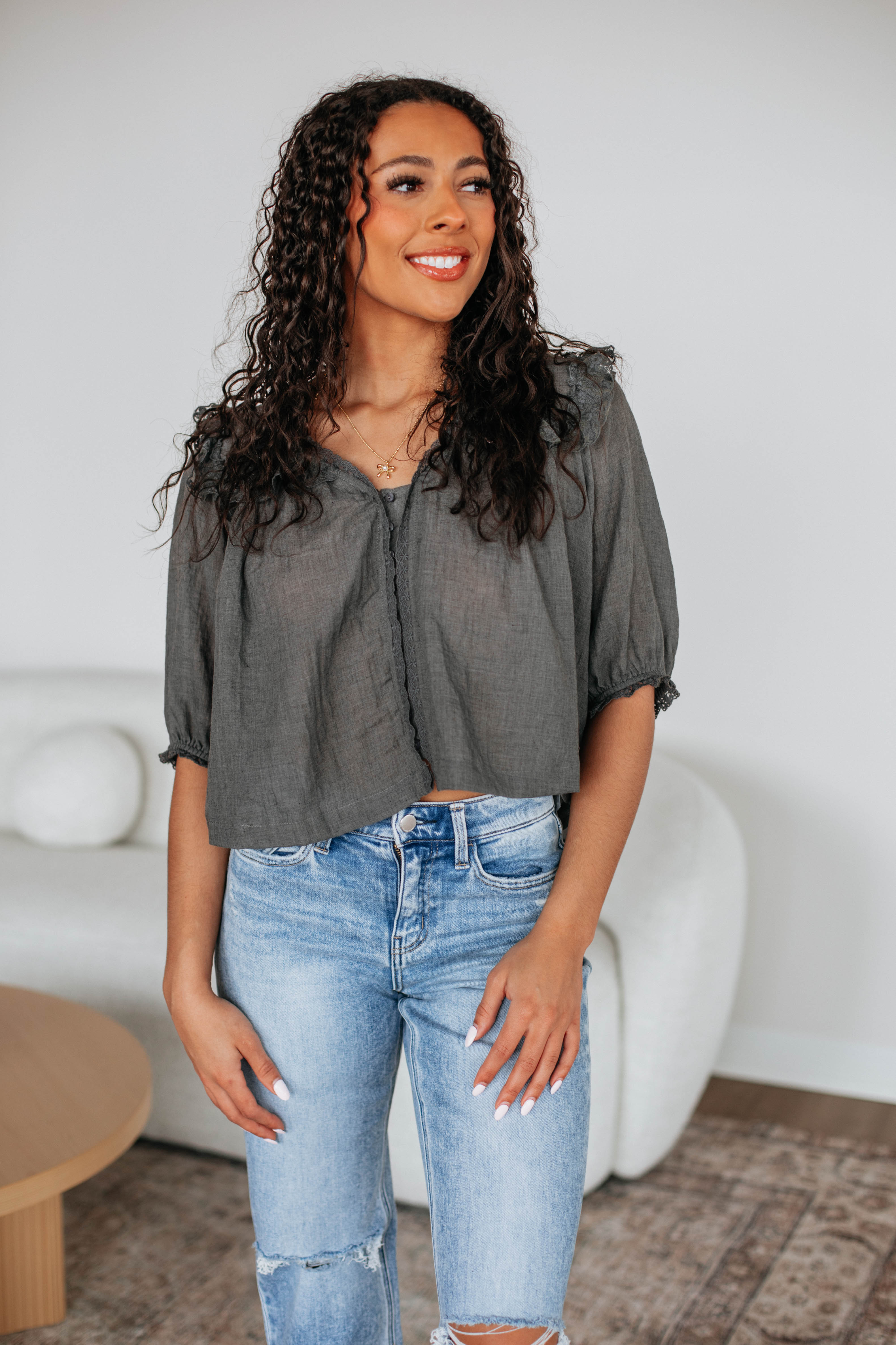 Odilia Lace Blouse Women's Elegant Long Sleeve Tops - Charcoal Gray for Office Work & Special Occasions