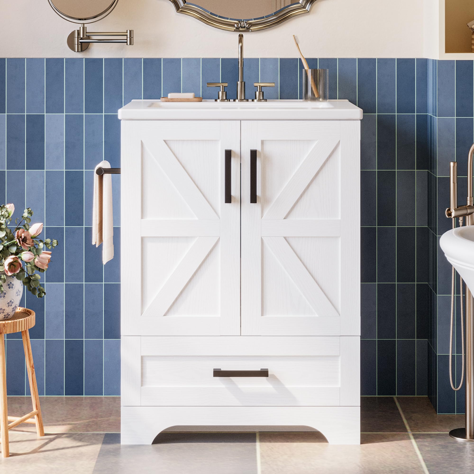 24 Inch Farmhouse Bathroom Vanity with Sink & Drawer - Easy to Assemble Rustic Bathroom Cabinet for Small Spaces | Perfect for Powder Rooms, Guest Bathrooms & Apartment Renovations