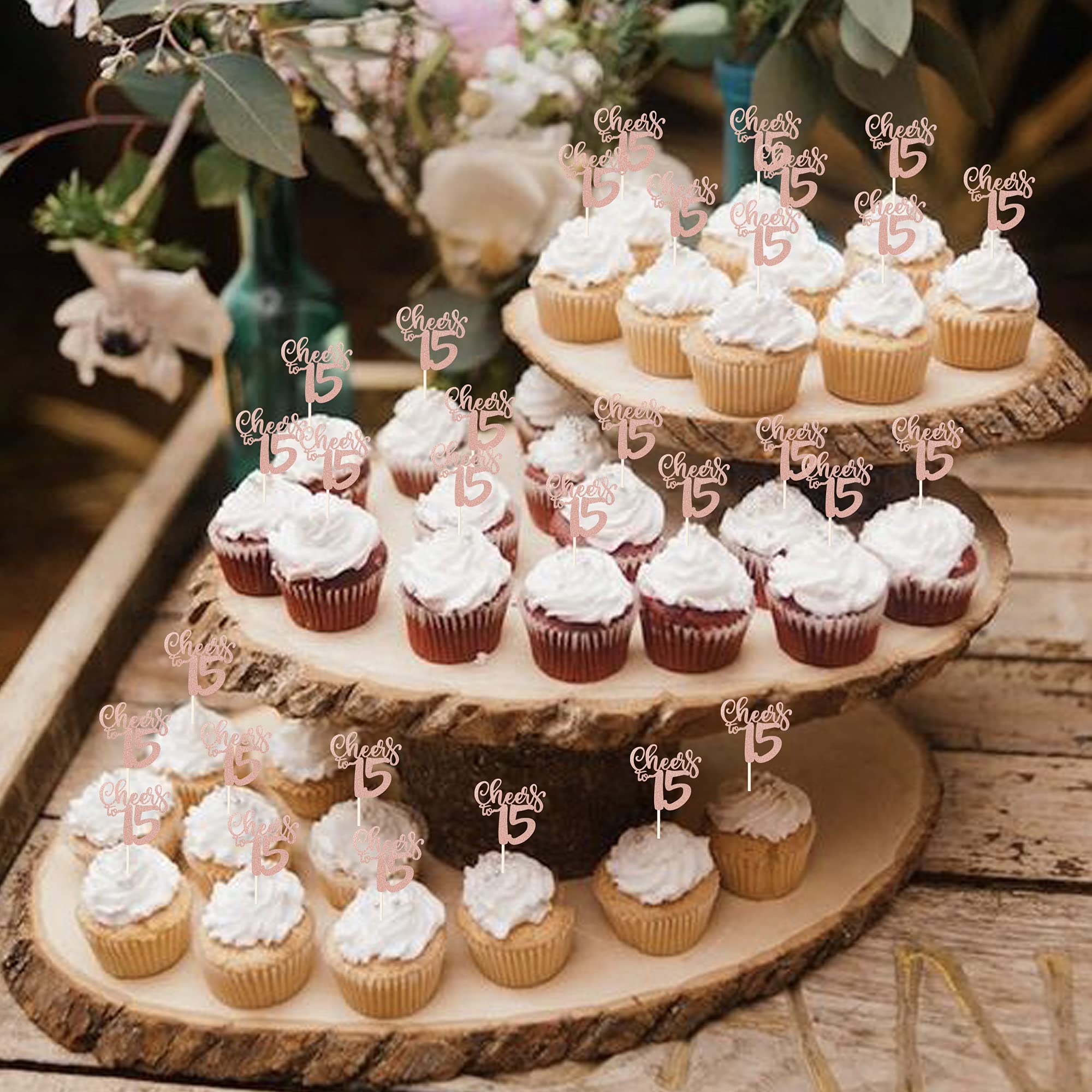 36 PCS Glitter Number 15 Cupcake Toppers - Rose Gold 15th Birthday Party Decorations for Wedding Anniversary & Sweet 16 Celebrations - Perfect for Cake Decorating, Dessert Displays, and Milestone Events