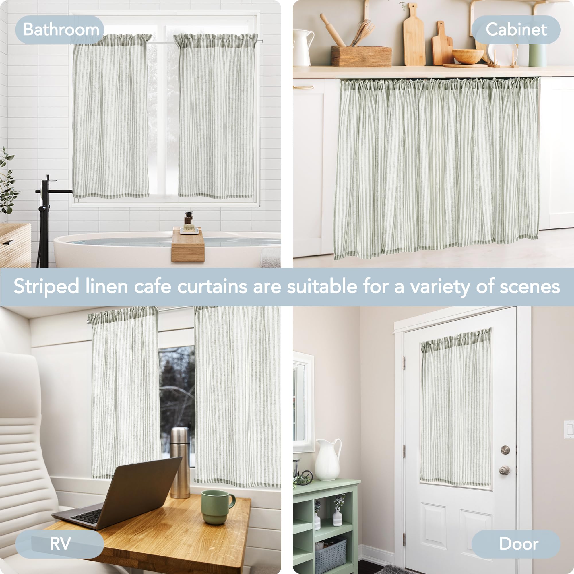 Deconovo Stripe Linen Blend Cafe Curtains - Farmhouse Rustic Tier Kitchen Curtains with Rod Pocket, Grey on Beige (26W x 45L Inch, Set of 2 Panels) - Perfect for Kitchen Windows, Dining Room & Cozy Farmhouse Decor
