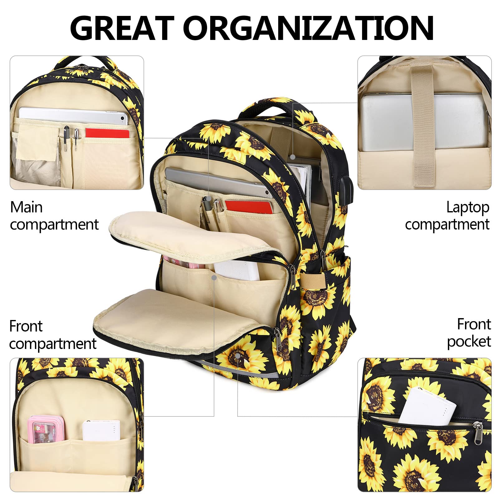 Stylish Floral Backpack for Women - 15.6 Inch Laptop Bookbag with USB Charging Port & Headphone Jack, Waterproof College Backpack for Business Travel, School & Daily Commute | Sunflower Design Daypack for Work & Outdoor Activities