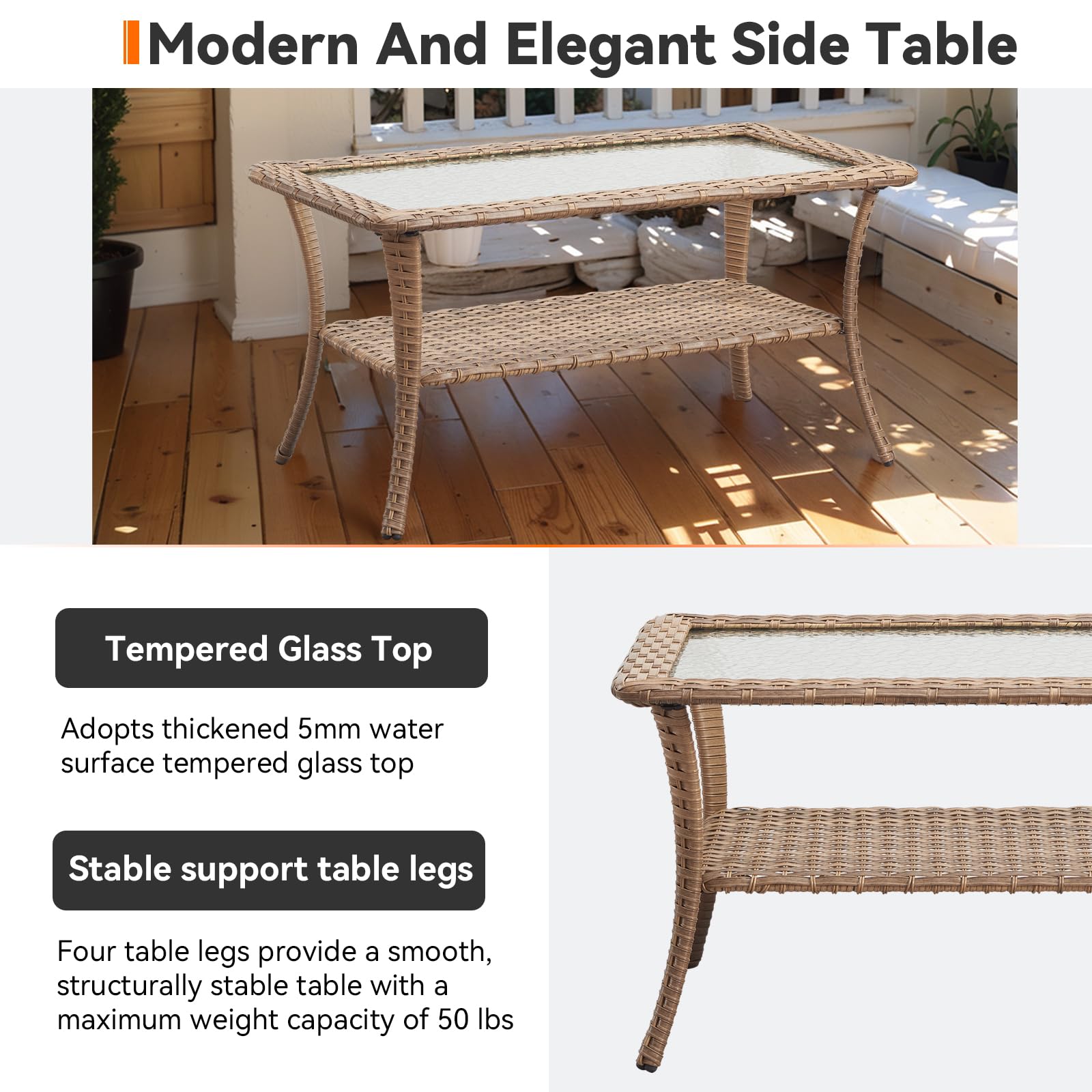 Outdoor Coffee Table - Rattan Wicker Patio Table with Tempered Glass Top & 2-Tier Storage for Deck, Porch, Balcony, Garden - Yellow | Perfect for Outdoor Lounging, Entertaining & Small Space Storage