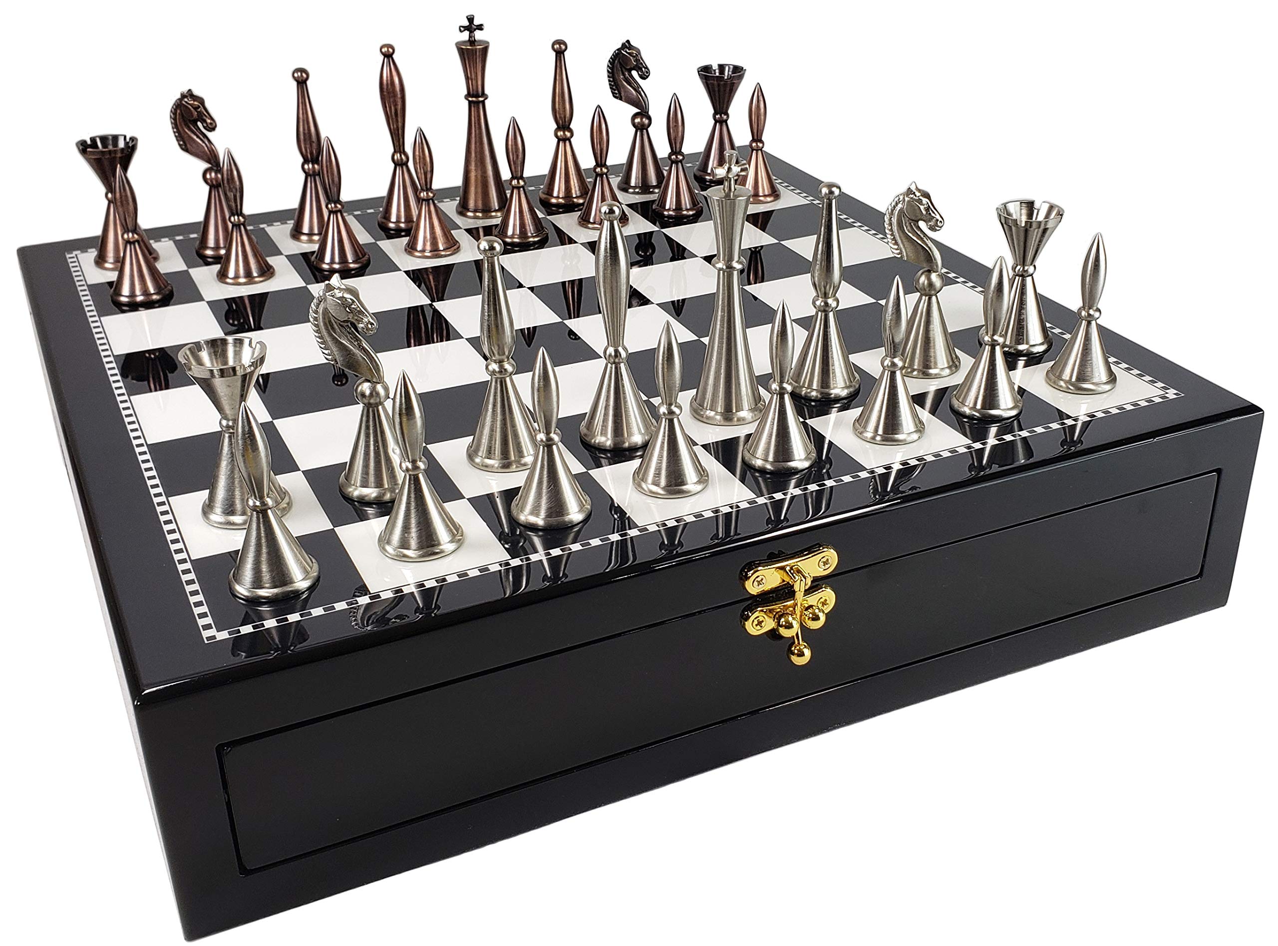 Premium Brass Metal Modern Art Deco Staunton Chess Set - 17 Inch High Gloss Black & White Storage Board - Perfect for Home Decor, Office Display & Professional Chess Tournaments