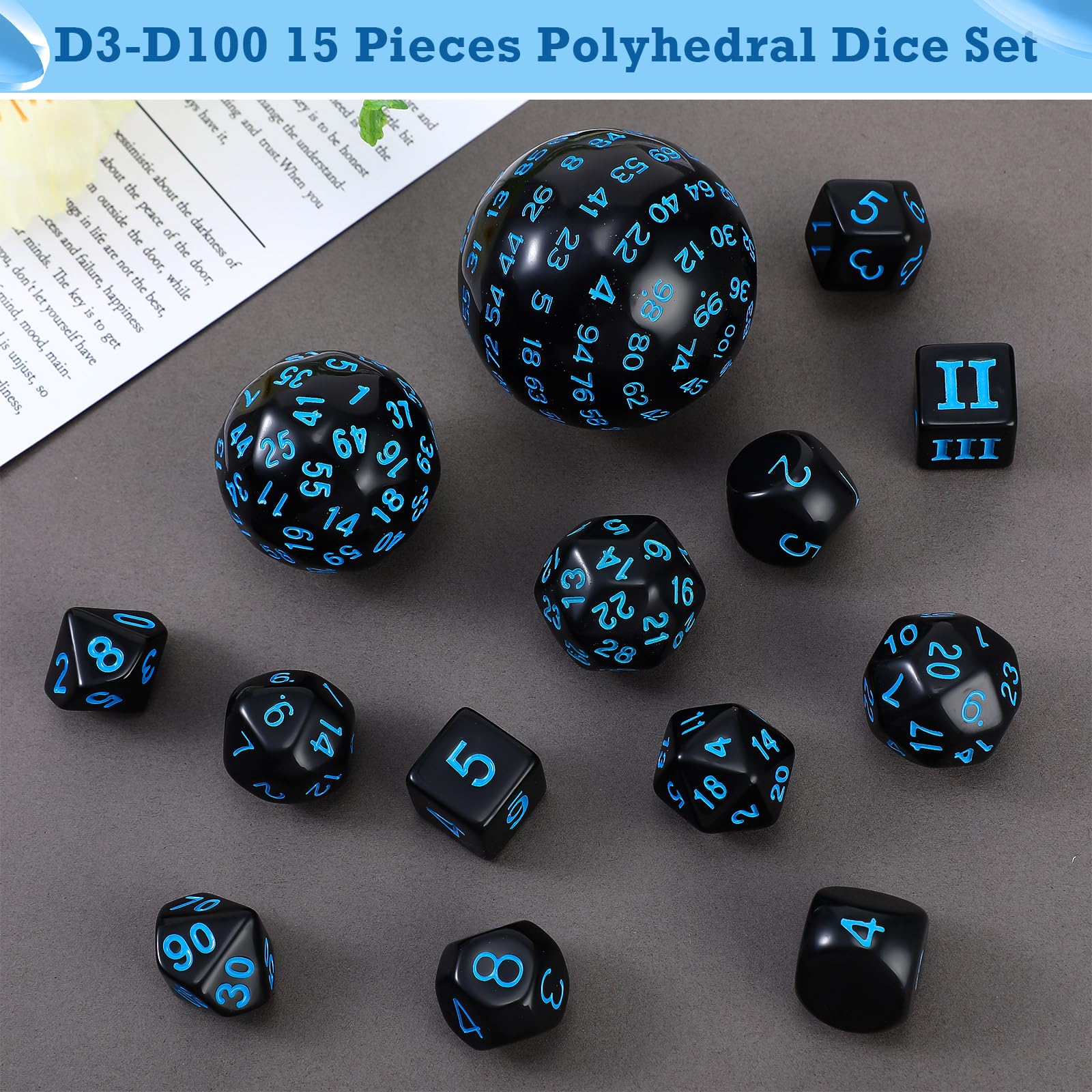 15-Piece Complete Polyhedral Dice Set (D3-D100) - Opaque Black & Blue RPG Dice for Dungeons & Dragons, Pathfinder, MTG - Perfect for Tabletop Roleplaying Games, Board Games & Game Night Parties