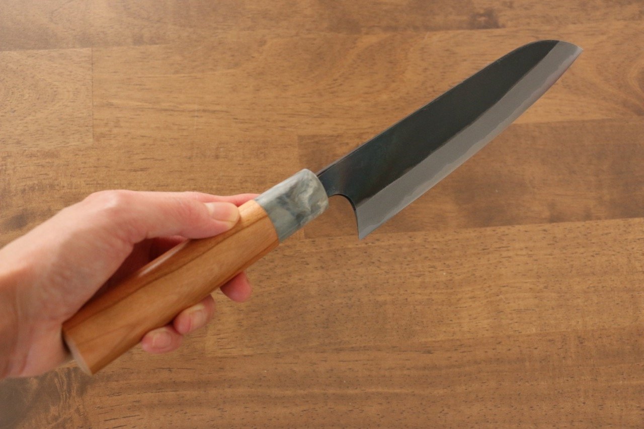 Masakage Mizu Blue Steel No.2 Santoku Knife 165mm - Japanese Chef Knife with American Cherry Handle - Perfect for Slicing, Dicing & Chopping Vegetables, Meat & Fish