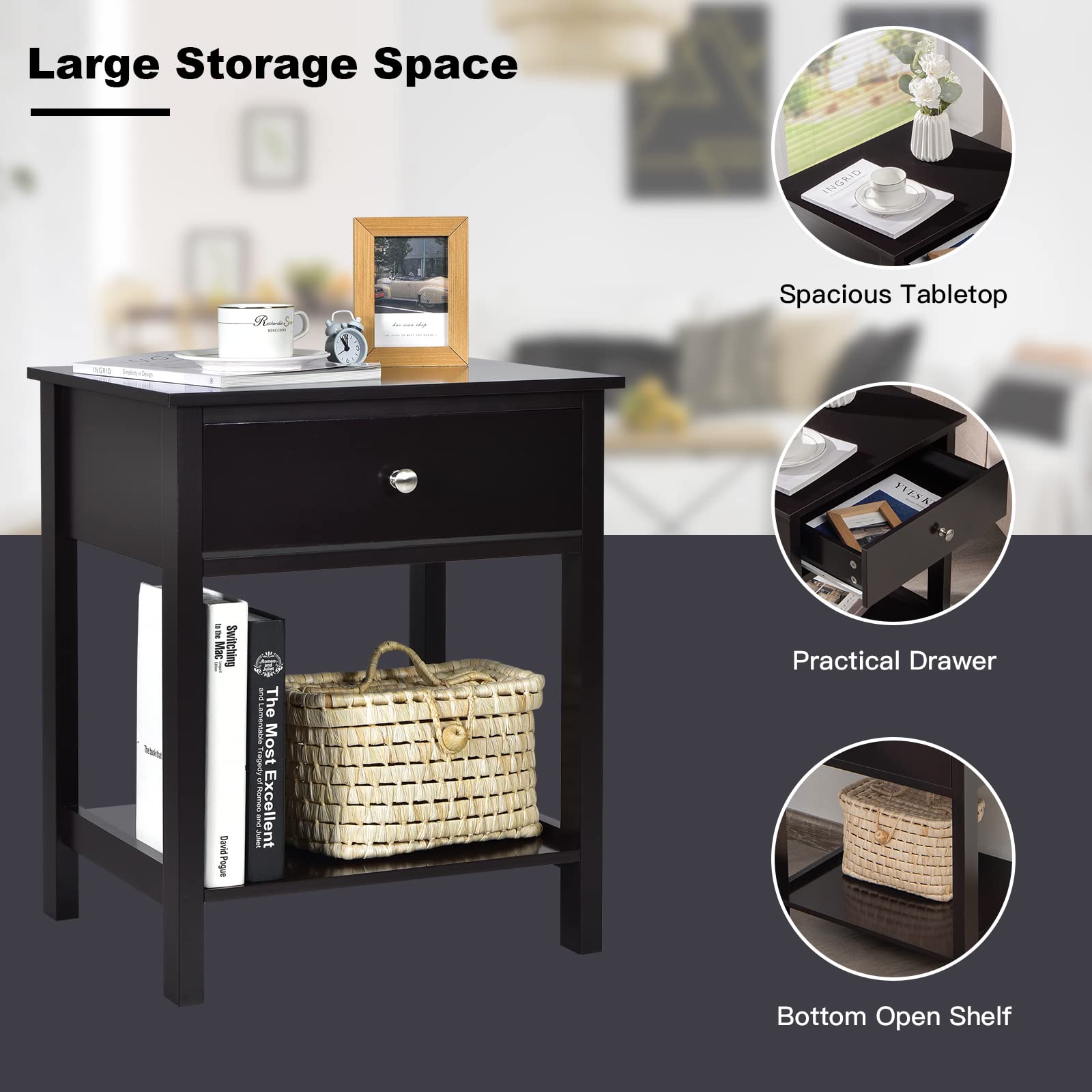 Giantex Nightstand Set of 2, Wooden End Tables with Drawer & Open Shelf - Space-Saving Bedside Tables for Small Spaces - 2-Tier Night Stand for Bedroom, Living Room & Dorm - Easy Assembly Black - Perfect for Storing Books, Lamps & Bedroom Essentials