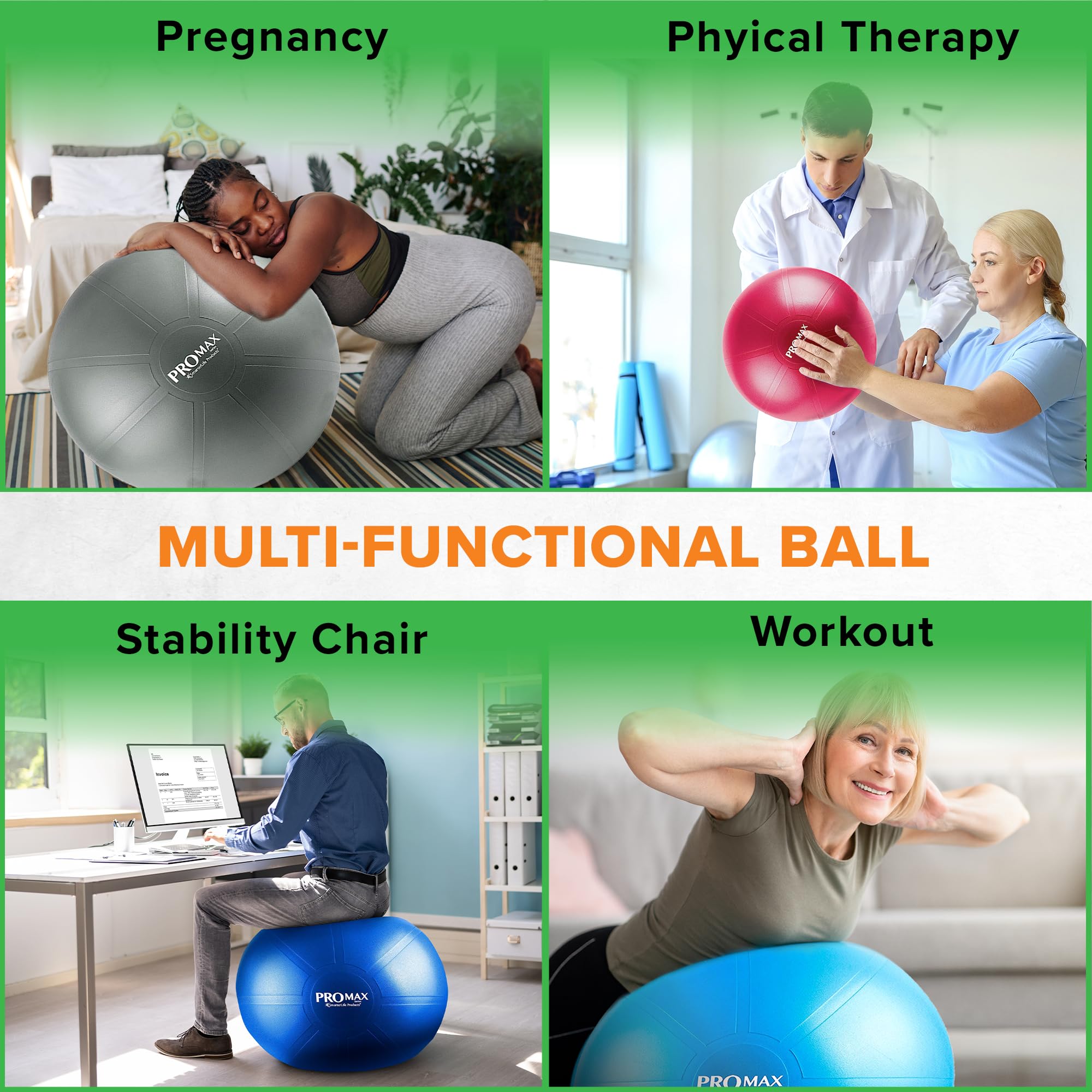 SmarterLife PRO MAX Exercise Ball - Anti-Burst Yoga Ball for Fitness, Workouts, Stability & Balance Training, Pregnancy & Labor Support, Office Chair Alternative - Perfect for Home Gym, Yoga, Pilates & Postnatal Recovery