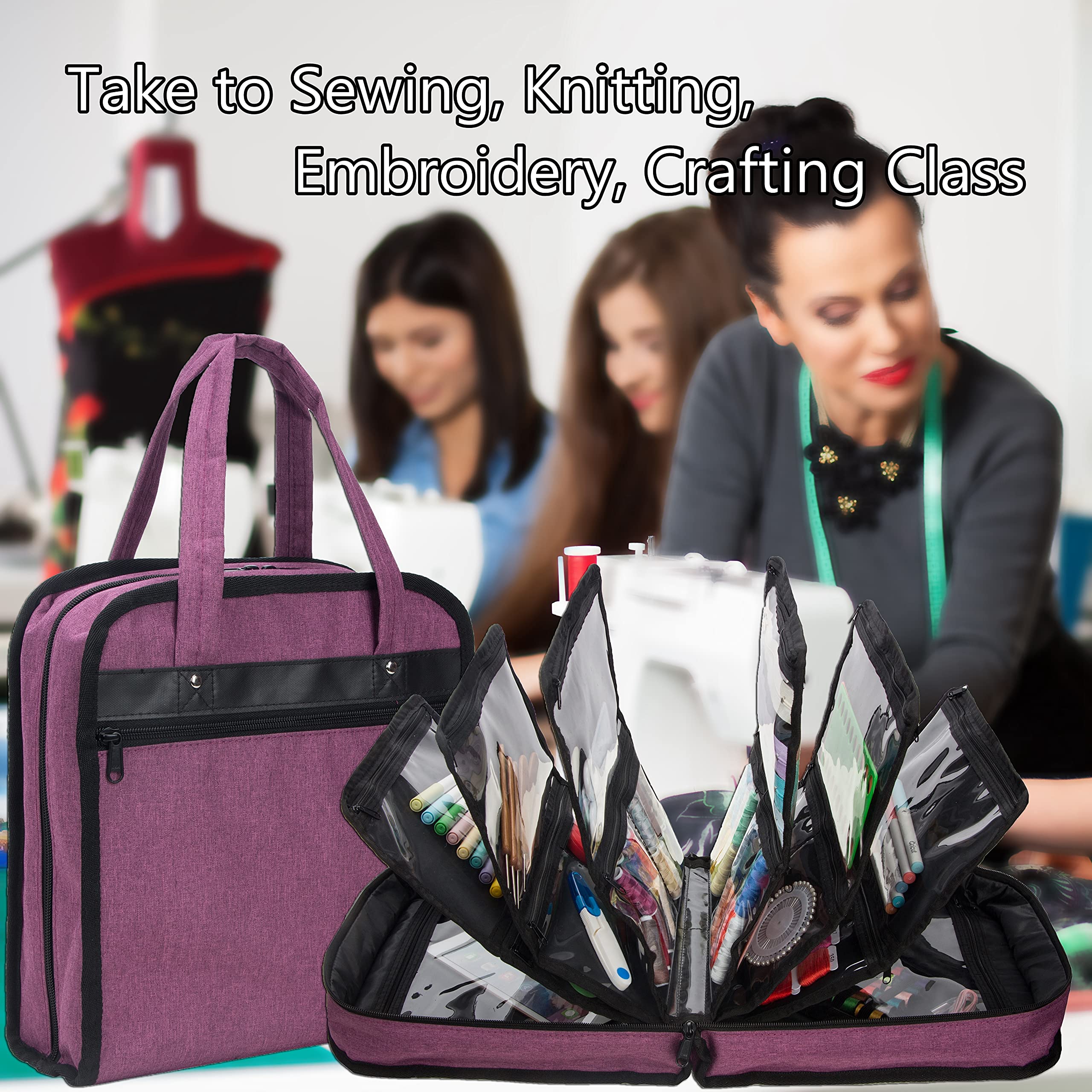 PACMAXI Sewing Accessories Storage Bag - Large Knitting & Craft Tools Organizer with Multiple Pockets - Portable Carrying Case for Sewing Supplies, Needles & Thread (Purple) - Perfect for Home Sewing Projects, Travel & Craft Classes