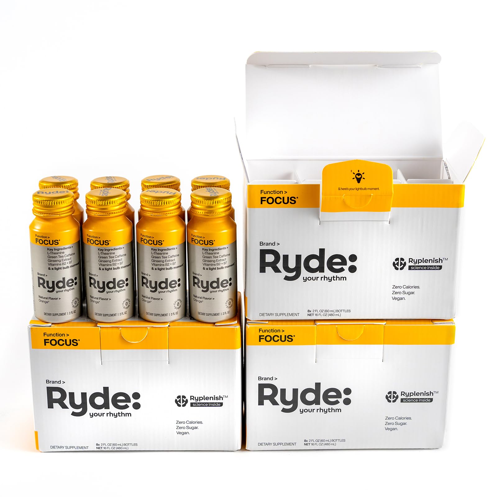 Ryde Focus Shot Energy Drink - Orange Flavor with L-Theanine, Ginseng & Green Tea Caffeine | Zero Sugar, Zero Calories | Vitamin B2 & B7 Supplement | 2oz Shots (24 Pack) | Supports Mental Focus & Clarity - Perfect for Workouts, Study Sessions and Long Workdays