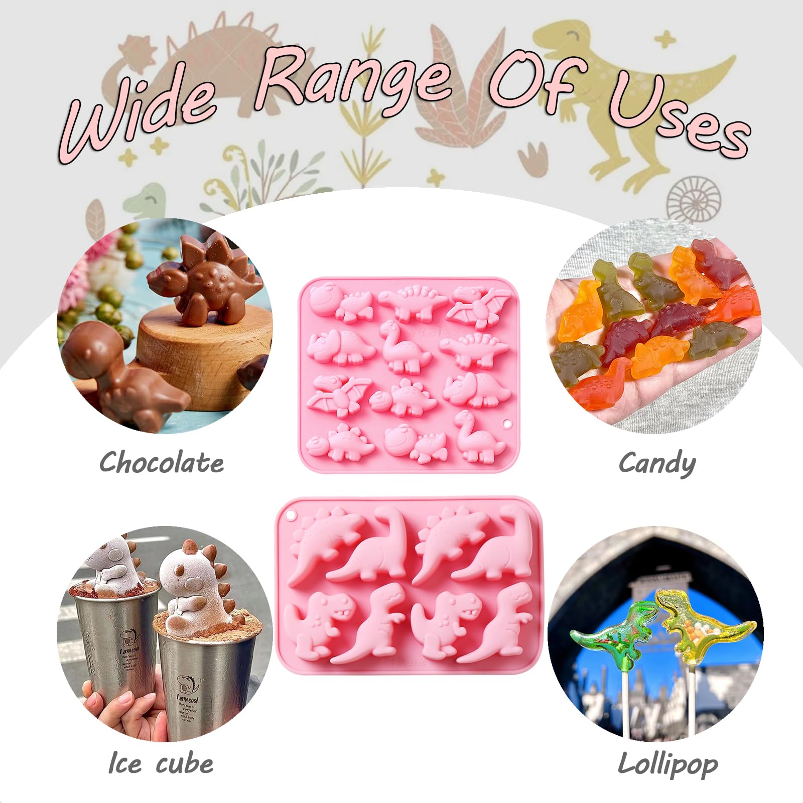 2 Pack Silicone Dinosaur Molds - 20 Cavity 3D Dino Jello, Chocolate, Candy, Cookie & Soap Molds for Baking, Crayons, Desserts, Cupcake Toppers & Cake Decorations (Pink) - Perfect for Kids' Birthday Parties, DIY Crafts & Holiday Treats