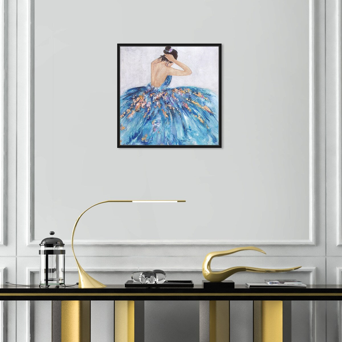Elegant Princess Dress Glam Blue Framed Canvas Wall Art Print - Blue & Festive Home Decor for Bedroom, Living Room, Nursery | Perfect Gift for Girls, Women & Teens