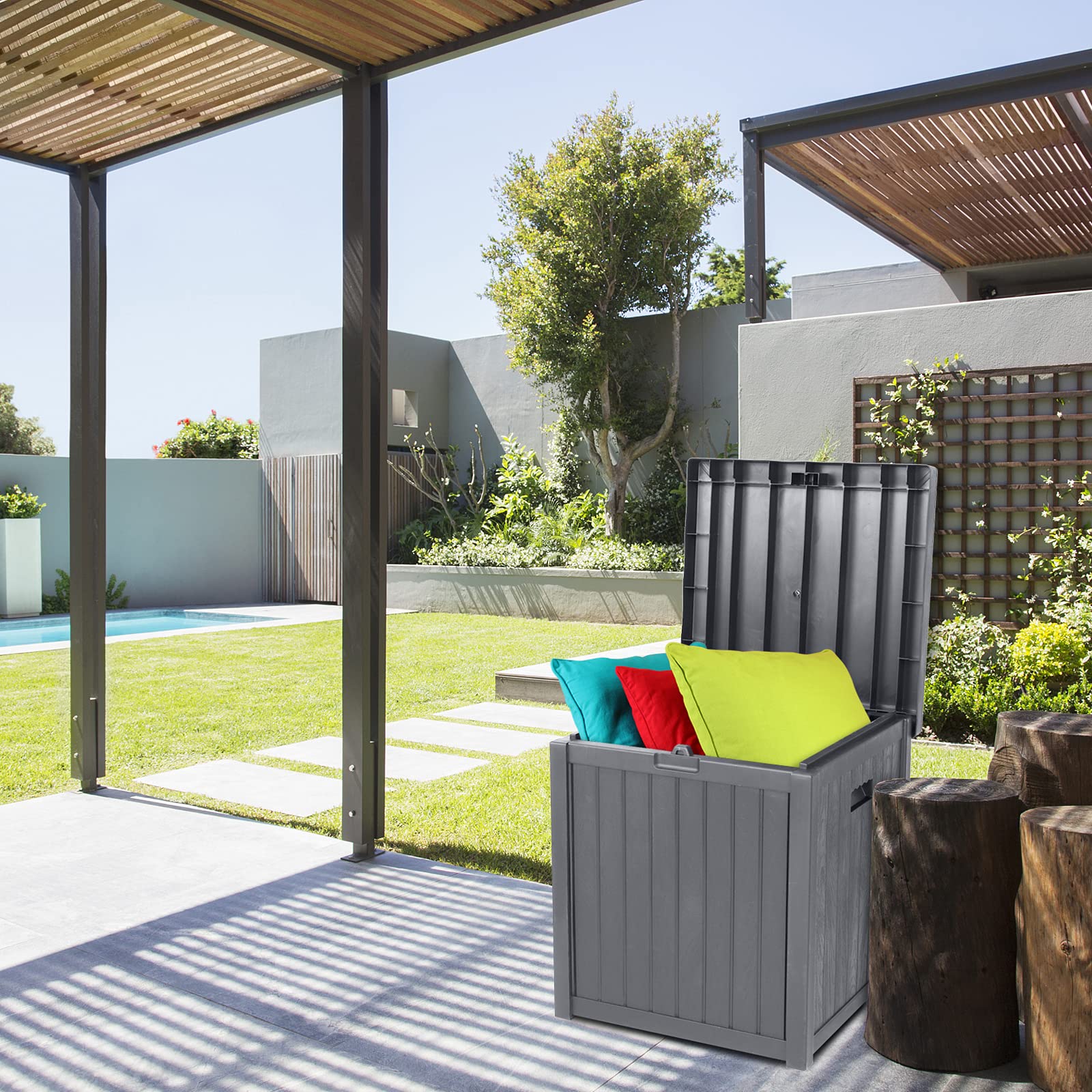 VINGLI 51 Gallon Medium Deck Box - Waterproof Resin Storage Container for Patio Furniture, Garden Tools & Outdoor Gear - Lockable Design for Patio, Pool, Yard, Balcony & Porch Organization (Grey) - Perfect for Storing Cushions, Pool Toys & Seasonal Items