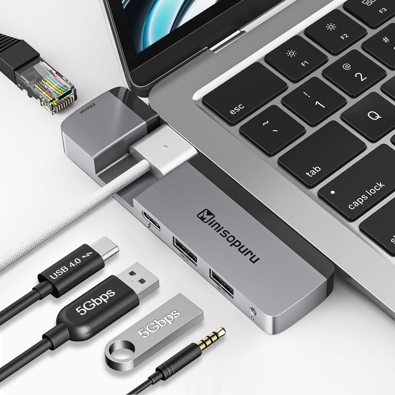 Minisopuru USB C Hub for MacBook Pro 14/16 inch M1 & MacBook Air M2 - 7-in-1 Multiport Adapter with USB4 40Gbps, 5K@60Hz, 100W PD, Ethernet Port - Perfect for Work, Travel & Home Office Accessories