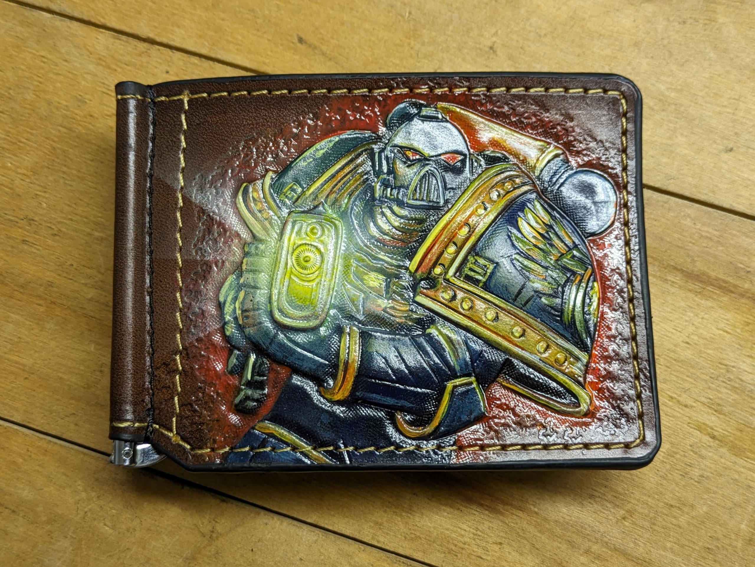 Warhammer 40K Genuine Leather Wallet for Men - Handmade 3D Carved Orks & Chaos Forces Design with Money Clip | Custom Personalized Airbrush Art Tooled Wallet | Perfect Gift for Gamers & Collectors