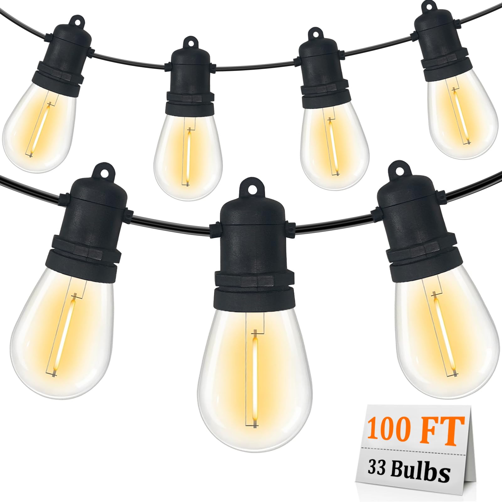 35 LED 100FT Outdoor Patio String Lights - UL Certified Waterproof Hanging Lights with 2 Spare Bulbs, Commercial Grade Black Wire for Backyard, Garden, Wedding & Party Decorations