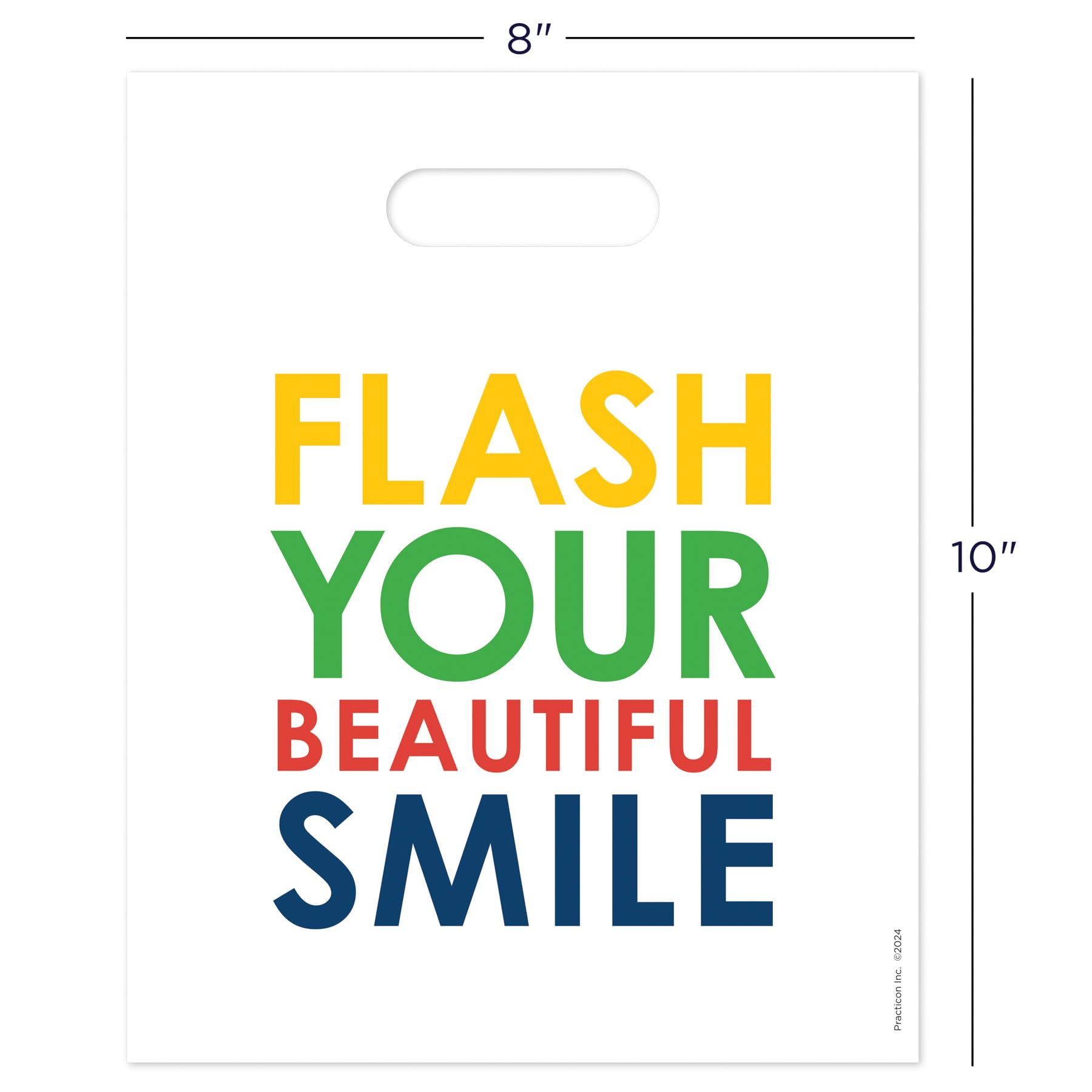 Practicon Flash Your Beautiful Smile 8x10 Dental Hygiene Goodie Bags - 100 Pack Plastic Gift Bags for Dentist Office Patient Care & Promotional Giveaways | Perfect for Dental Appointments, Office Events & Oral Health Awareness Campaigns