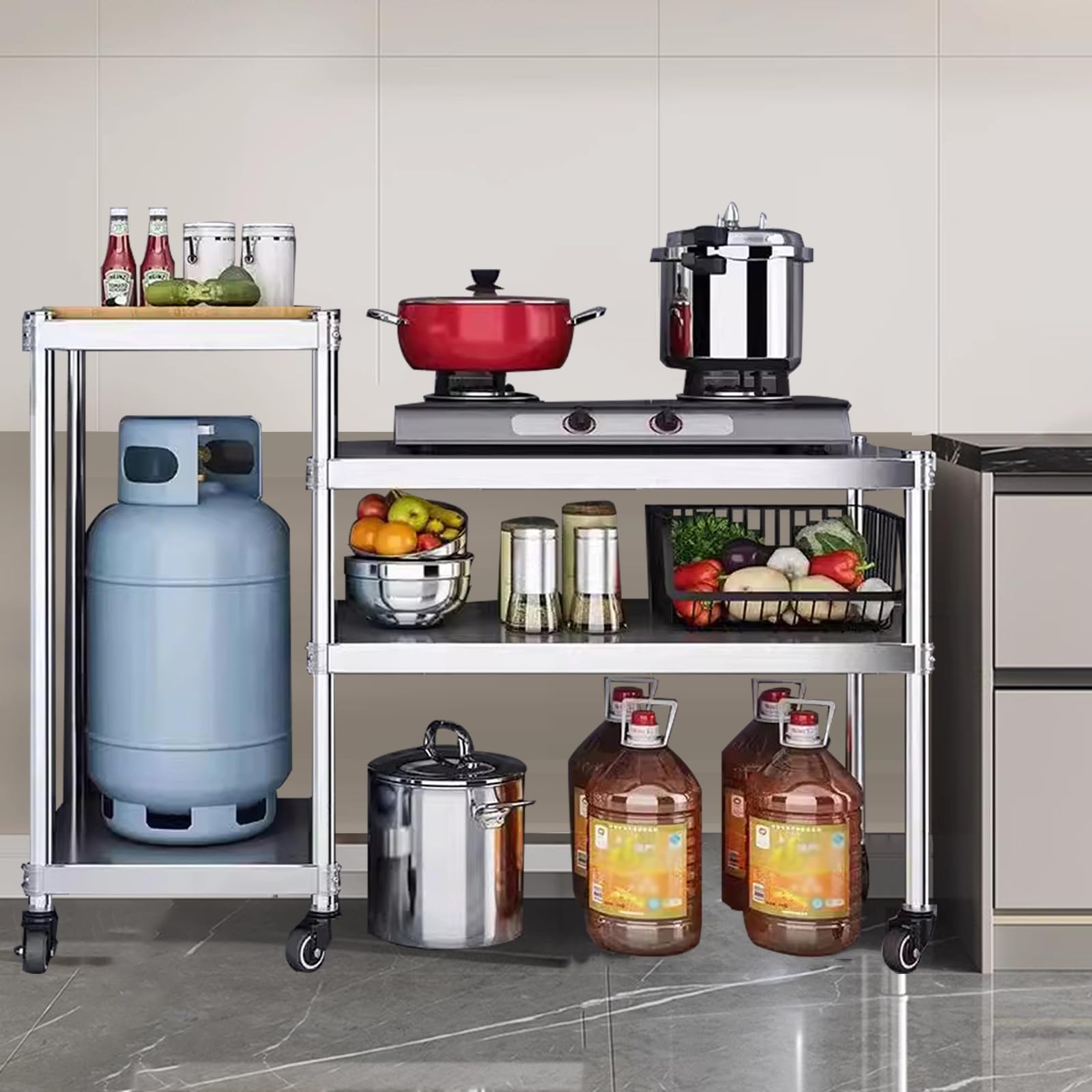 Stainless Steel Commercial Kitchen Prep Table with 6 Wheels - Heavy Duty Adjustable Workbench with Lower Partition - Metal Food Preparation Table for Home, Hotel & Restaurant Use - Perfect for Indoor Kitchens & Outdoor Catering Events