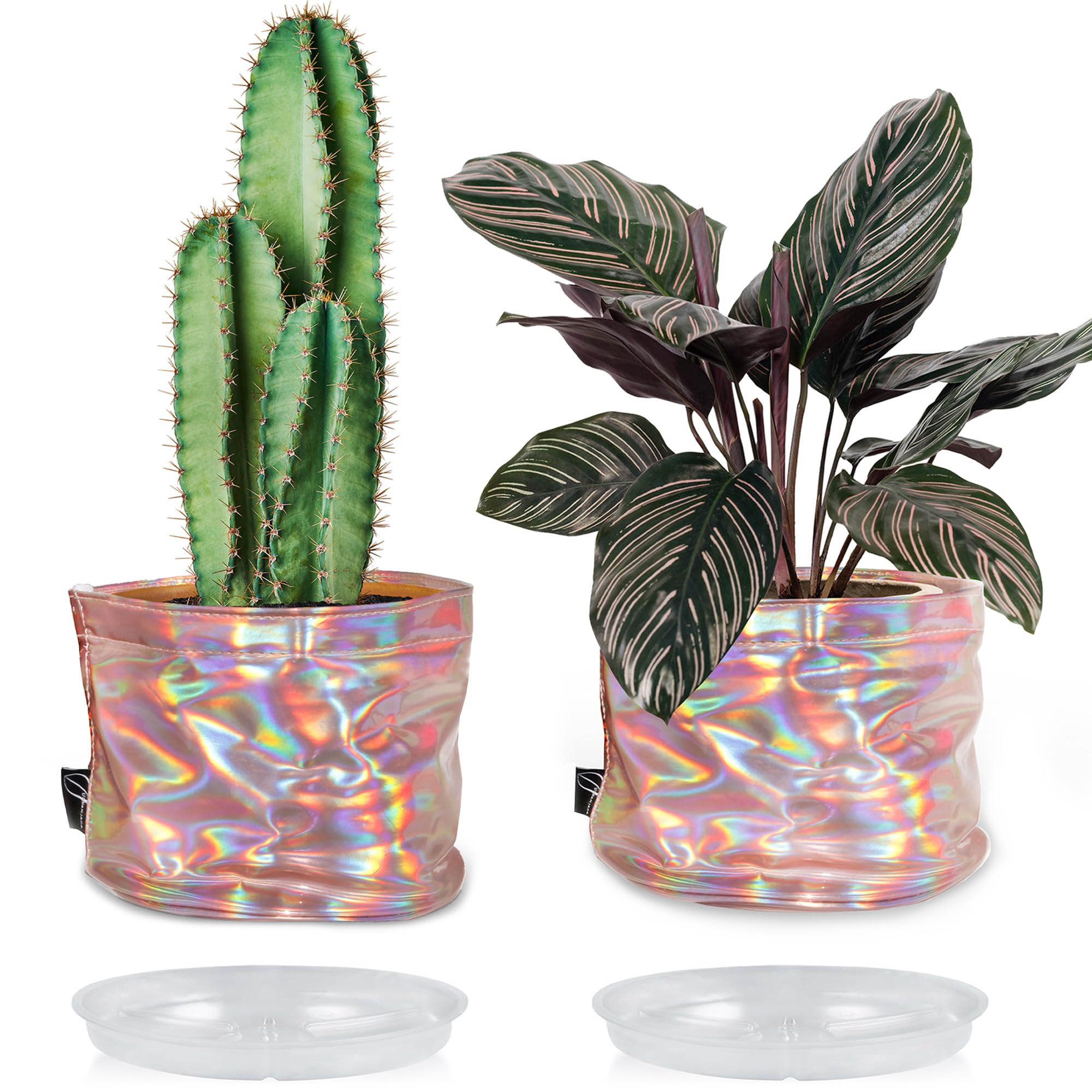 2 Pack Decorative Plant Pot Covers with Saucers - Woven Basket Storage Bin for Home & Office Organization - Pastel Pink - Perfect for Indoor Plants, Closet Storage, and Desk Organizing