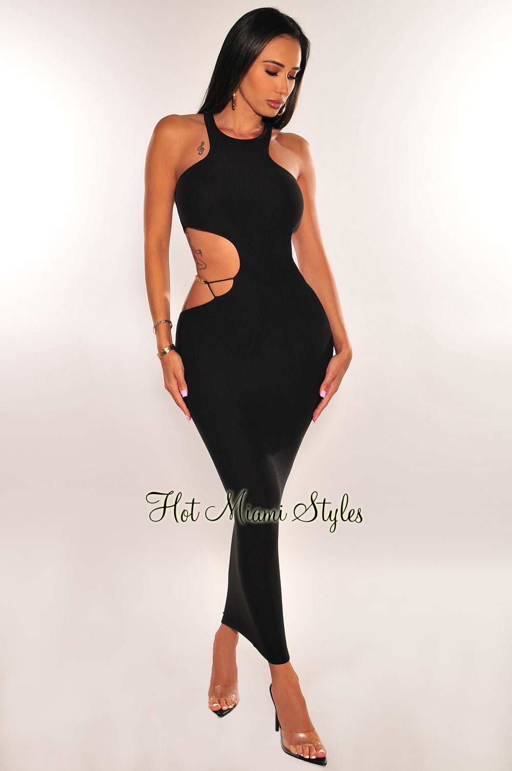 Elegant Black Sleeveless Gold Chain Cut Out Midi Dress for Women - Perfect for Evening Parties, Date Nights & Special Occasions
