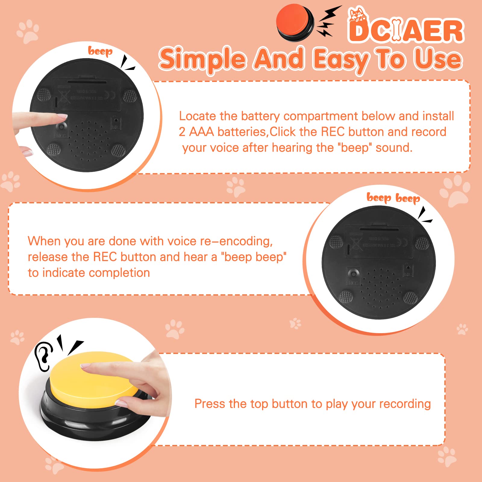 Dog Communication Buttons - 4 Recordable Sound Buttons with 24 Training Scenes & Non-Slip Mat for Pet Training | Includes 8 AAA Batteries | Perfect for Teaching Dogs to Talk & Express Needs