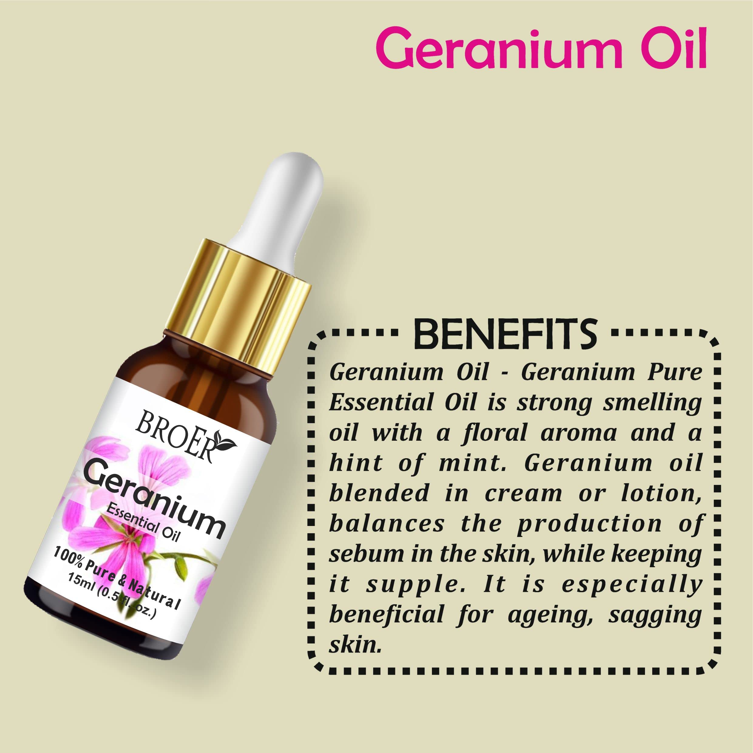 BROER Naturals Pure Geranium Essential Oil - 100% Pure, Natural & Undiluted for Skin Care, Hair Growth, Diffuser & Aromatherapy | No Parabens, Sulfates | Cruelty-Free, Vegan | 2-Pack (30ml Each) | Perfect for Relaxation, Massage & DIY Beauty Products