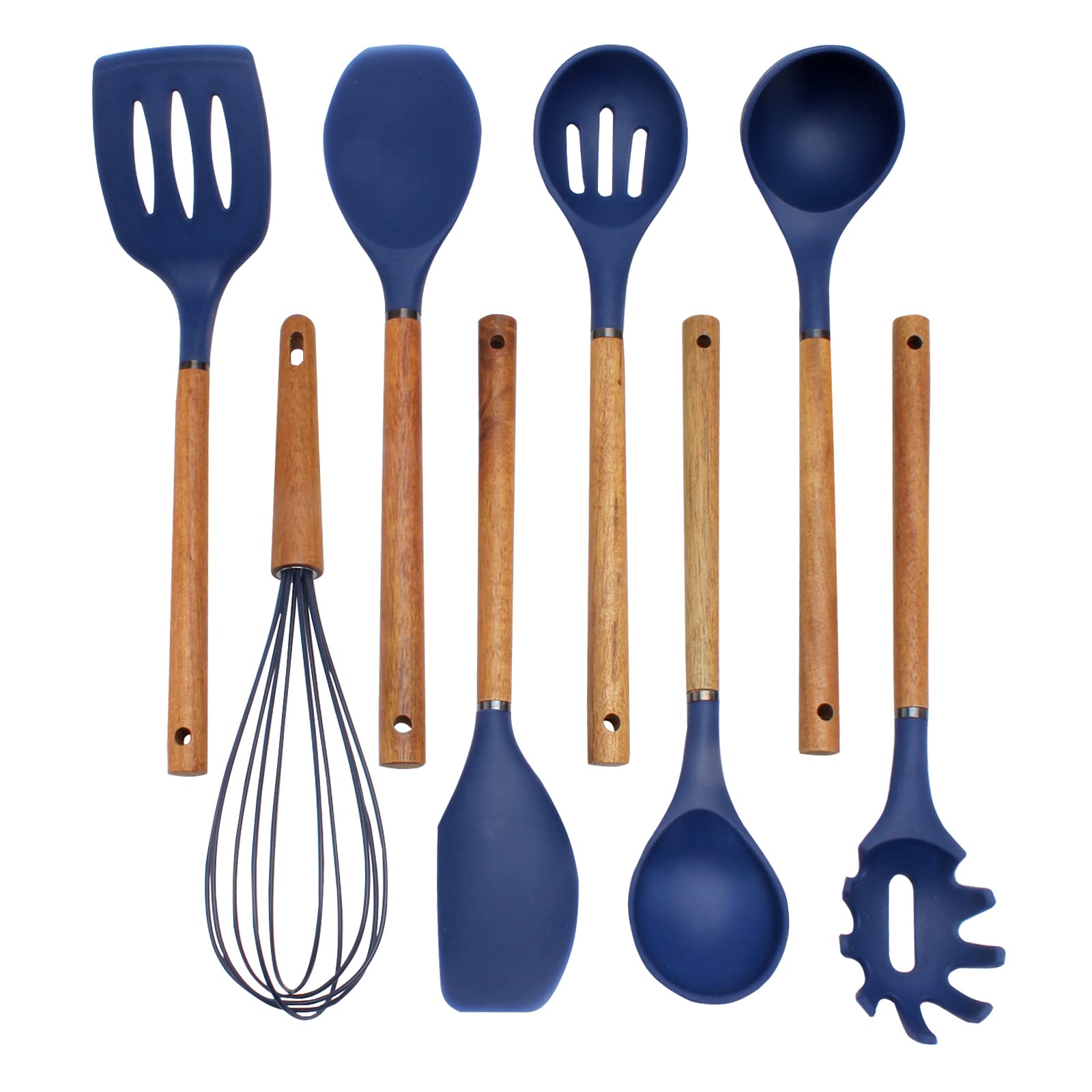 Non-Stick Silicone Cooking Utensil Set with Wooden Handles - 8-Piece Kitchen Tool Collection for Baking, Frying & Stirring (Navy Blue) - Perfect for Home Chefs & Holiday Cooking Gifts