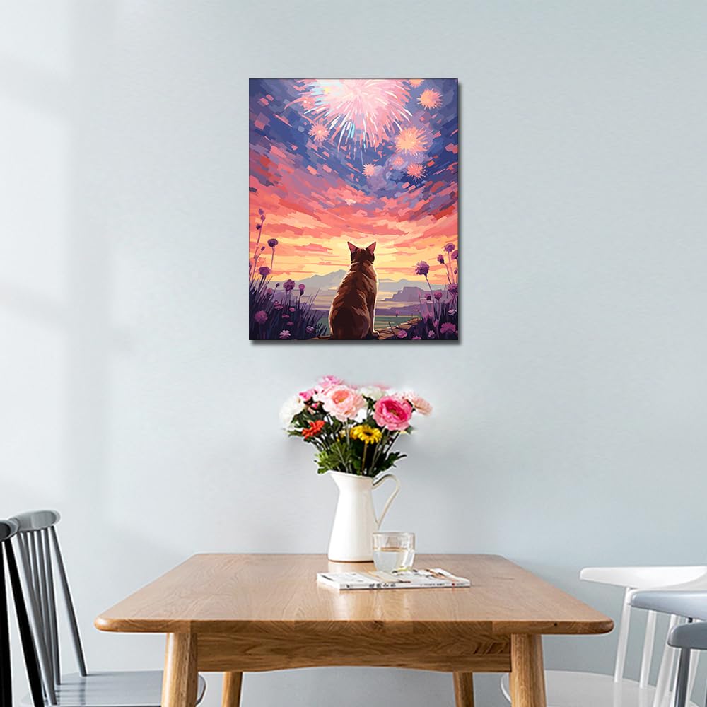 TUMOVO Paint by Numbers Kit for Adults & Kids - Cat, Fireworks, Starry Sky Canvas Painting (16x20 Inch, No Frame) - Perfect for Relaxation, Home Decor & Family Bonding Activities