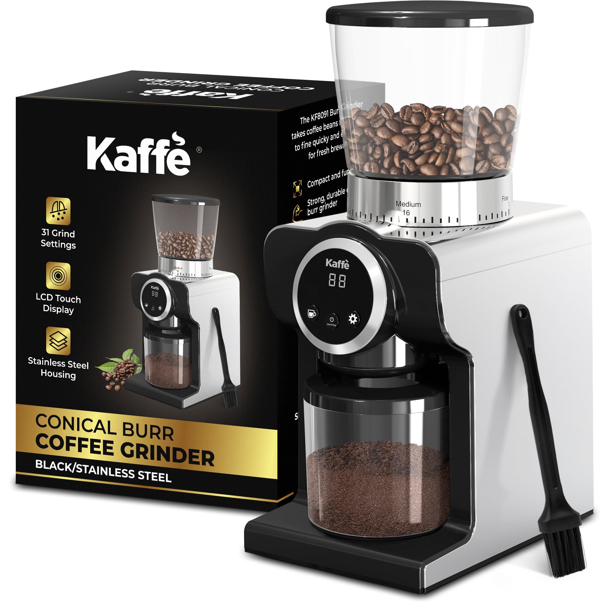 Premium Kaffe Electric Burr Coffee Grinder - 9oz Capacity, 31 Adjustable Grind Settings with Conical Burr - Touch Screen Timer & Cup Selector - Stainless Steel Precision Bean Grinder for Espresso, French Press & Drip Coffee - Perfect for Home & Office Use