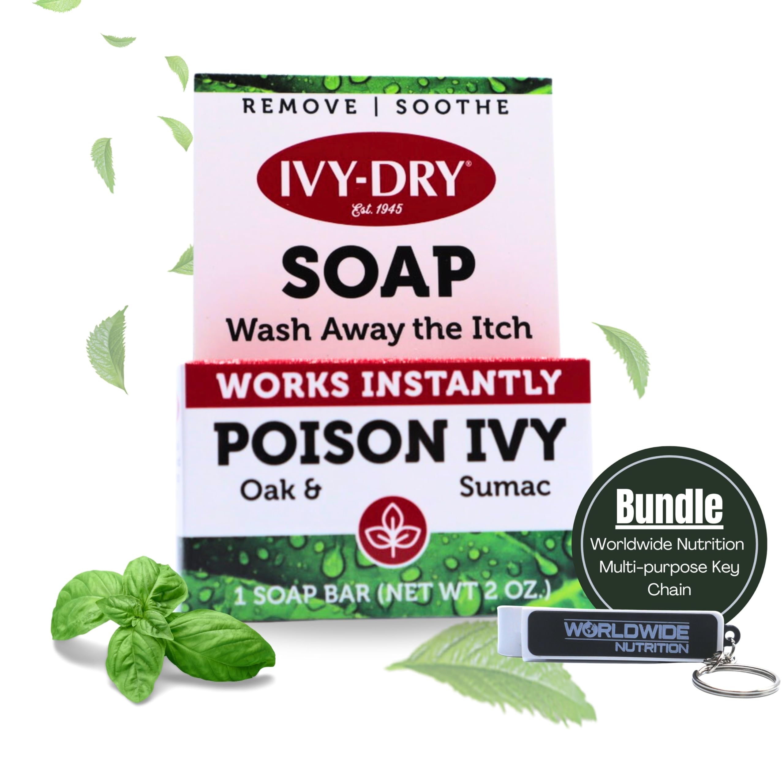 Worldwide Nutrition Bundle: Ivy-Dry Soap - Fast-Acting Poison Oak & Ivy Relief Body Wash - 2oz Bar with Multi-Purpose Keychain - Ideal for Hiking, Camping & Outdoor Adventures