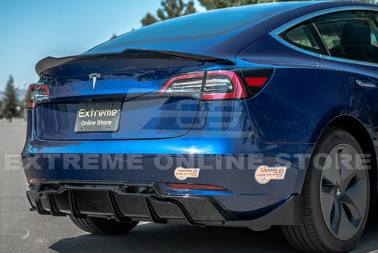 Tesla Model 3 Rear Bumper Diffuser (2017-2023) - Performance Track Style ABS Plastic Glossy Black with Side Splitter Apron Pair | Perfect for Car Upgrades & Street Racing Style Enhancement
