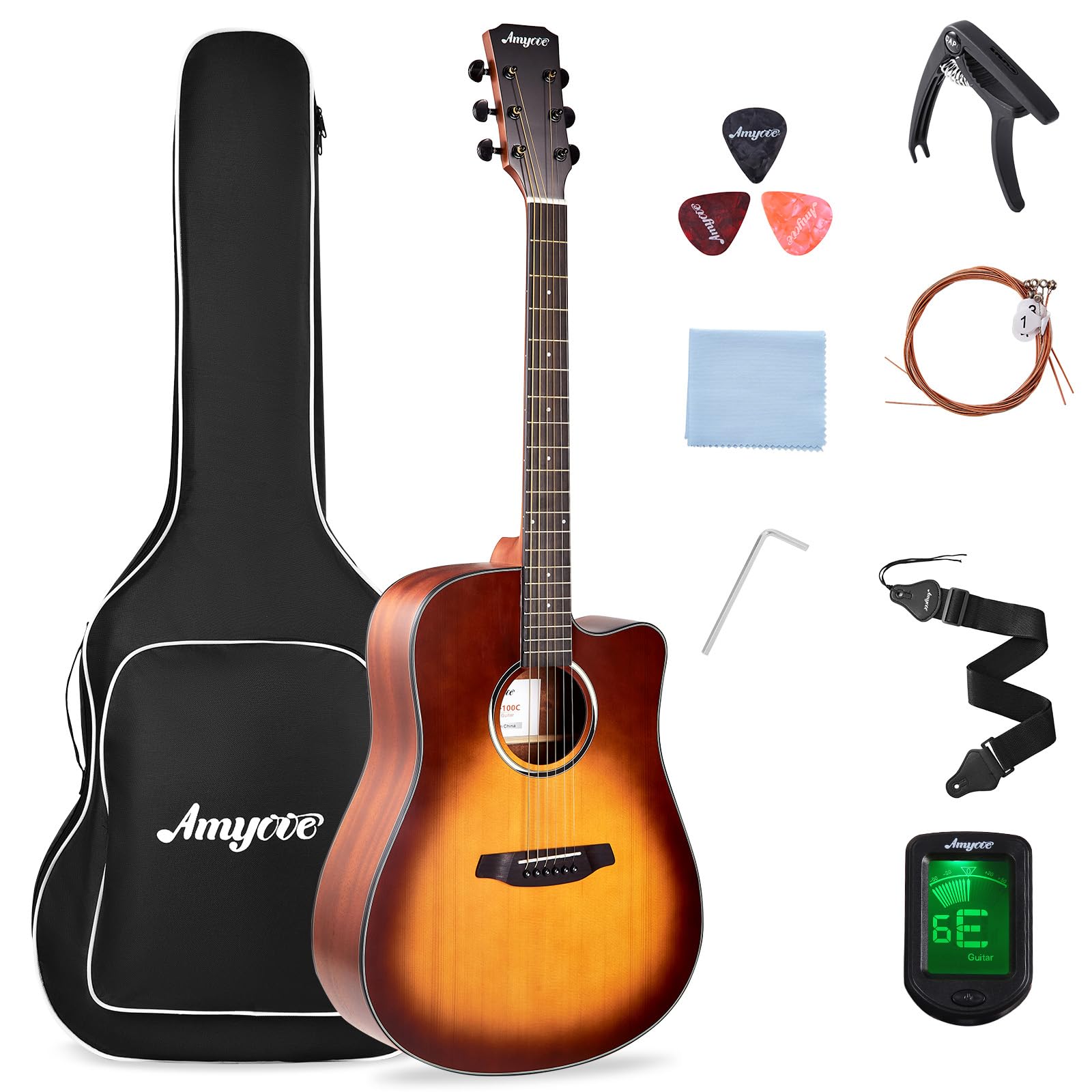 Senfot 41” Full-Size Dreadnought Acoustic Guitar Bundle for Beginners & Adults - Complete Starter Kit with Gig Bag, Tuner, Strings, Strap, Picks & Capos - Cutaway Folk Guitar Set in Sunburst Finish | Perfect for Learning, Practice, Performances & Gifts