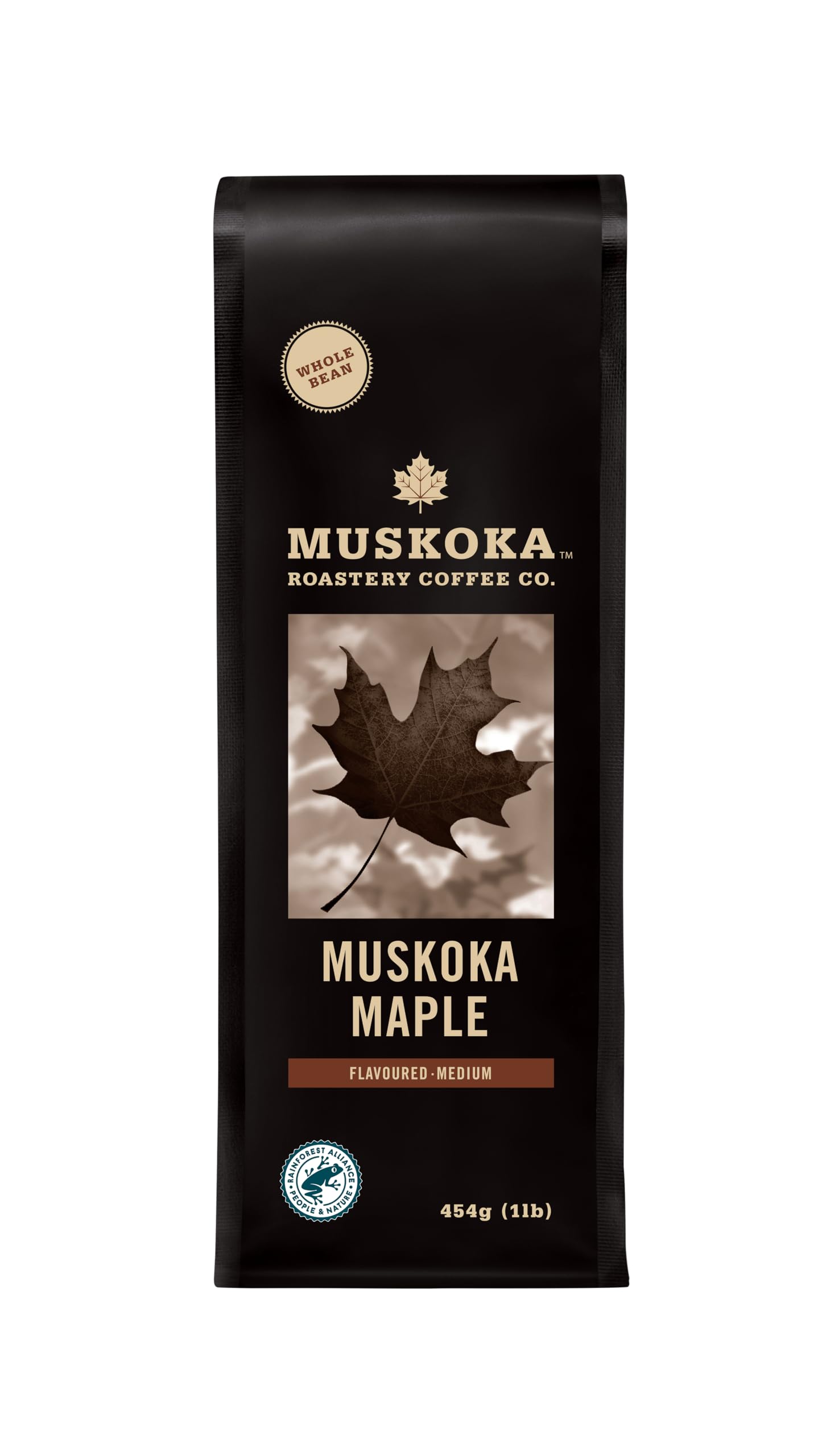 Premium Muskoka Roastery Medium Roast Whole Bean Coffee - Muskoka Maple Flavor, 1LB Bag | Perfect for Home Brewing, Office Use & Gifts