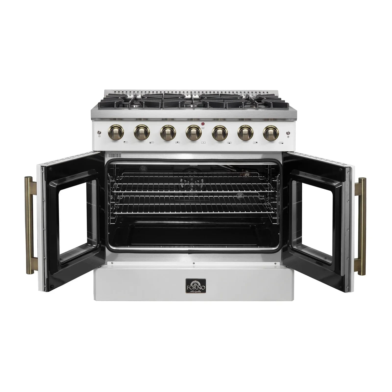 Forno Galiano 36-Inch French Door All Gas Range in White with Antique Brass Trim - Model FFSGS6444 36WHT | Professional Kitchen Appliance for Home Chefs & Modern Cooking