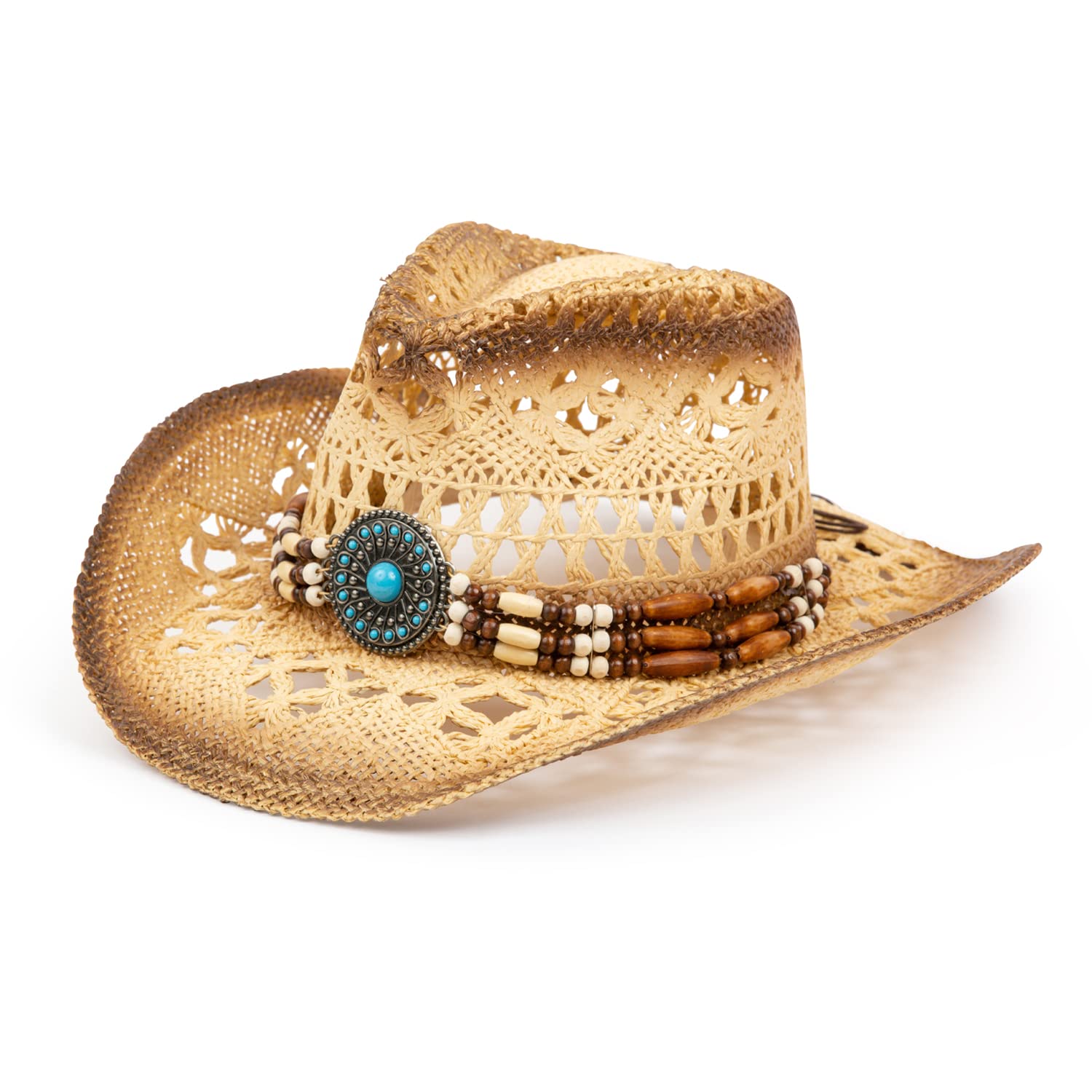 TOVOSO Adjustable Straw Cowboy Hat for Women & Men - Western Style Sun Hat with Shape-It Brim - Orange Beaded Design & Tea Stain Finish - Perfect for Rodeo, Music Festivals & Summer Outdoor Activities